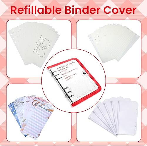 Miniatura 8 de NEWEST Cuaderno A6 con purpurina transparente de 6 anillas con 80 hojas de papel de recambio de PVC, protector de hojas sueltas de PVC con botón a
