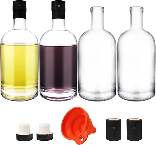 GUANENA Paquete de 4 botellas de vidrio transparente de 25 onzas con tapas y cápsulas retráctiles de PVC, botellas de licor de 25.4 fl oz con tapas