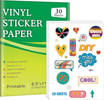 Premium Printable Vinyl Inkjet Stickers -30 Sheets Glossy White 8.5x11 Inch Sticker Paper,Suitable for inkjet printers,Waterproof,Fast Drying Vivid Colours, Retain Ink Well,Tear Resistant