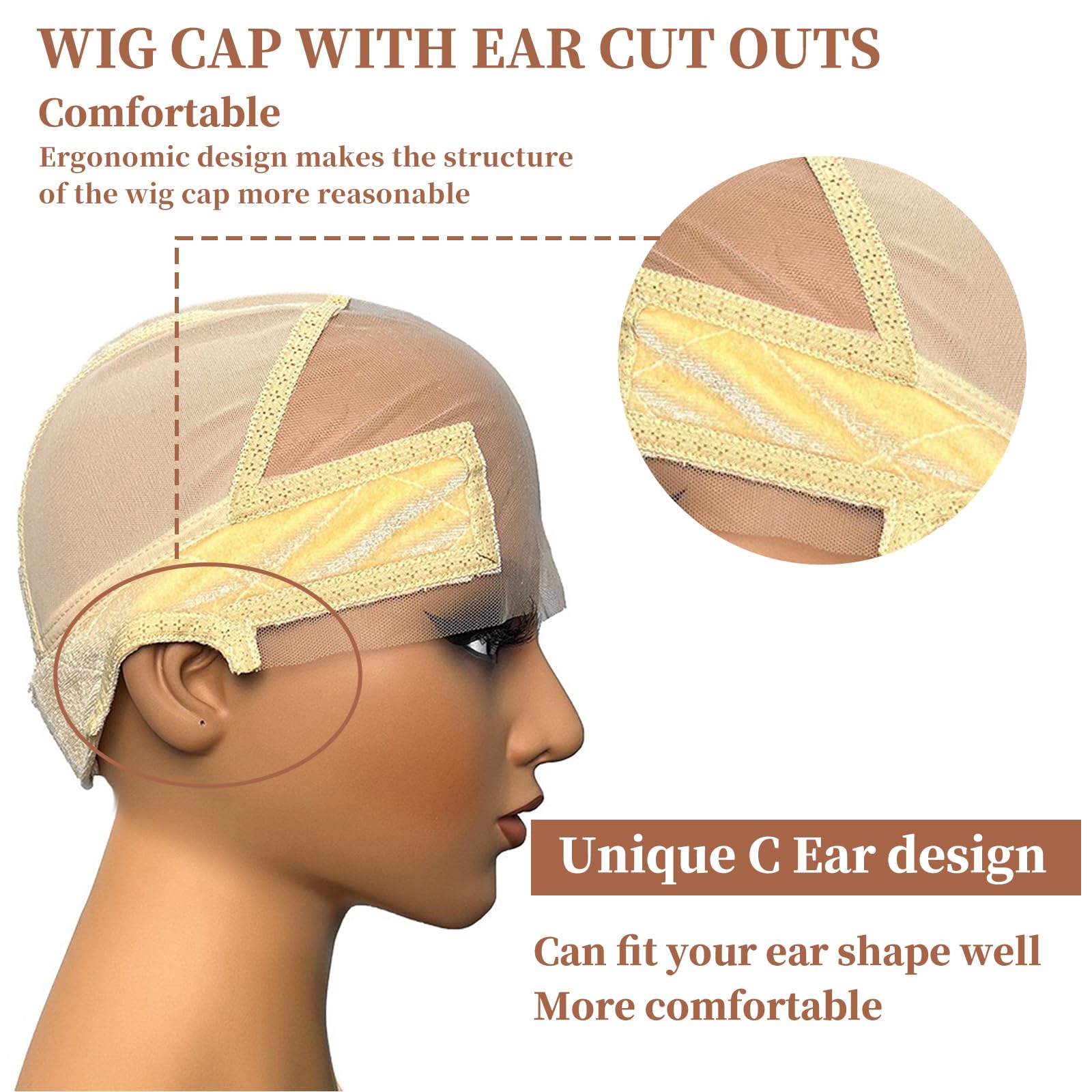 Lace Wig Cap with Grip Band for Keeping Wigs In Place 13x4 Wider Transparent Lace for Glueless Wig Adjustable Grip Cap with Velcro Headband (Beige) - Image 2