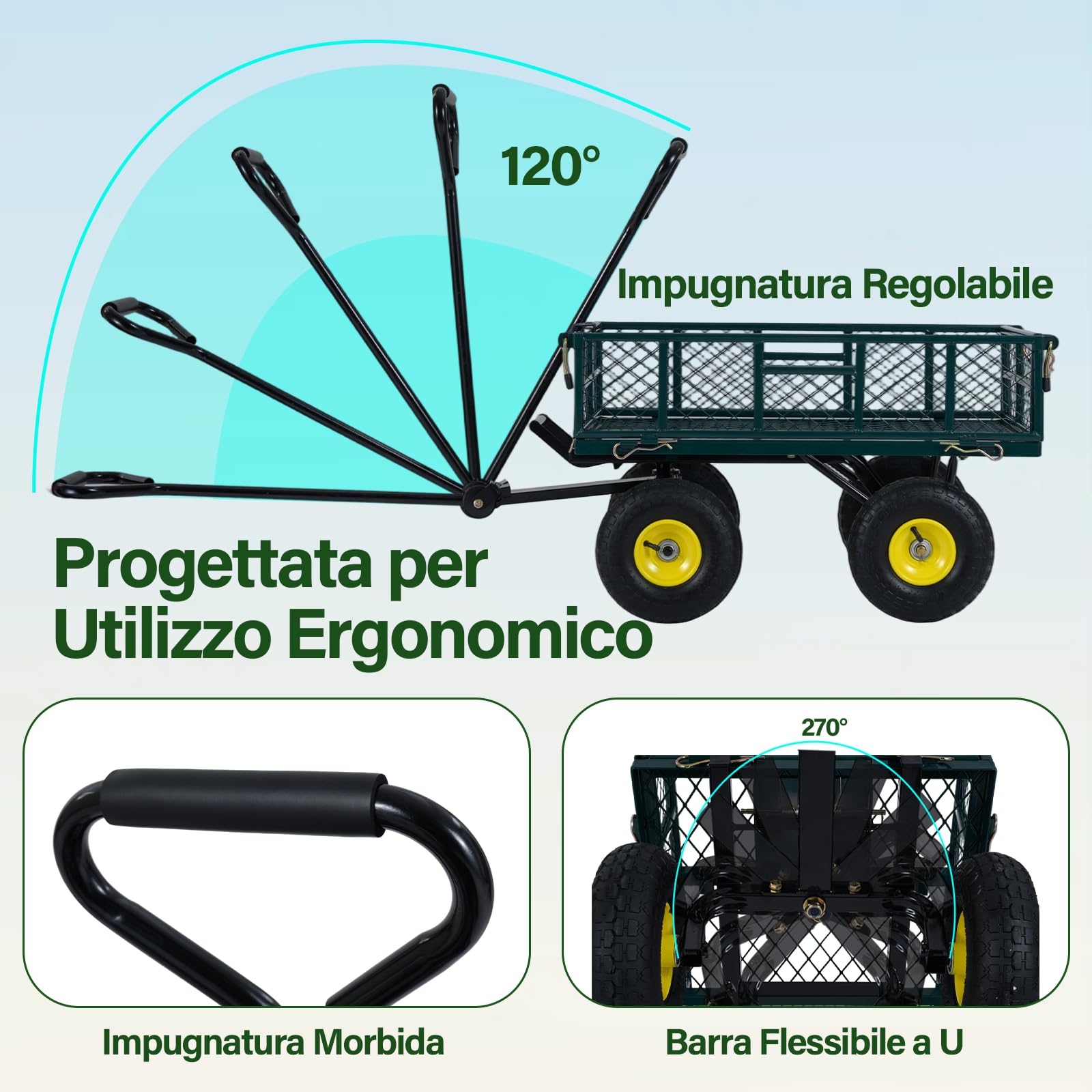 COSTWAY Carrello da Giardino in Metallo, Carretto a Mano con 4 Ruote Pneumatiche, Sponde Rete Rimovibili, Borsa Portaoggetti e Manico Regolabile, Portata 410 kg, per Giardinaggio, Trasporto e Fattoria