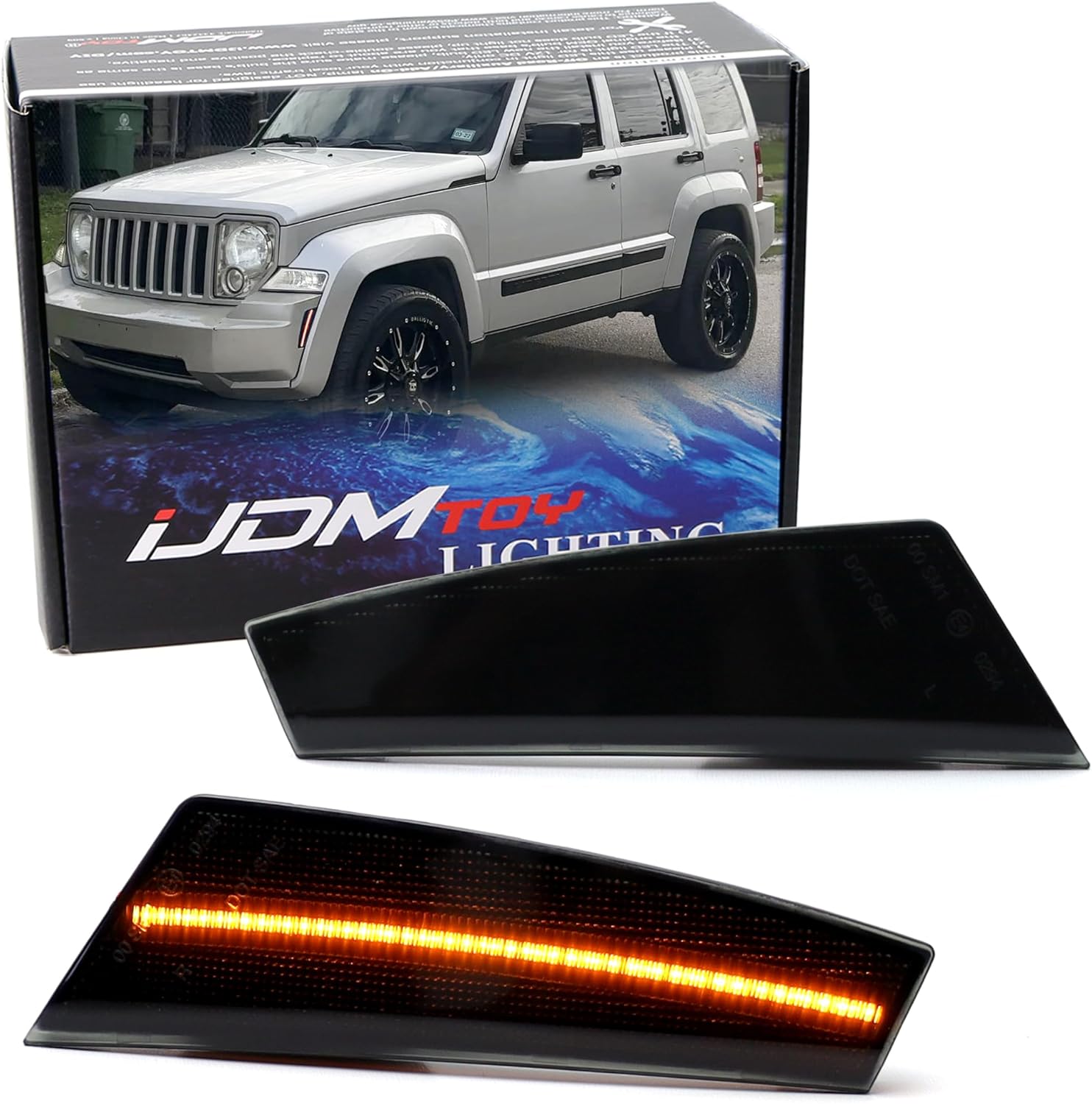 iJDMTOY Black-Out Smoked Lens Amber Full LED Strip Bumper Side Marker Light Kit Compatible With Jeep 2008-2012 Gen2 Liberty