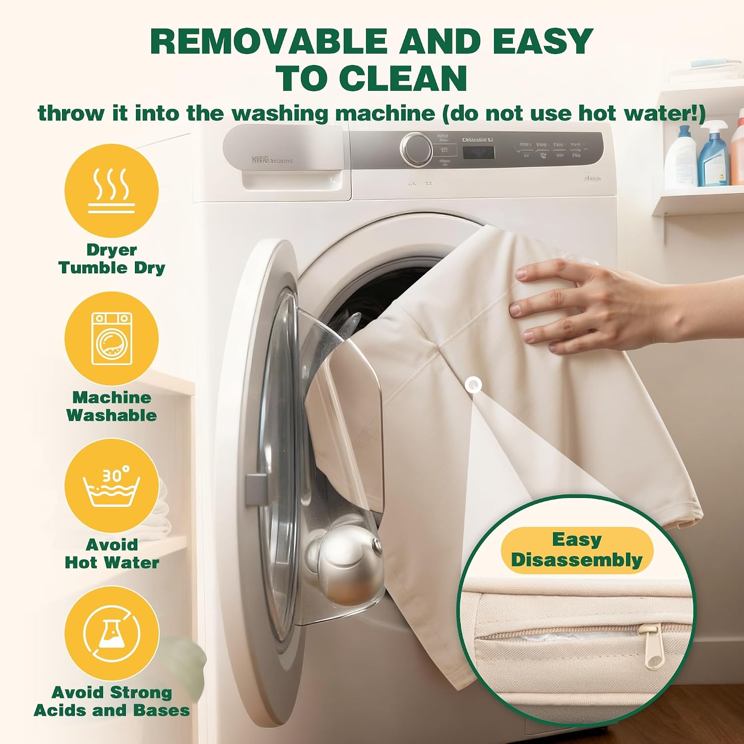 An image showing a person putting a cushion cover into a washing machine, with icons indicating machine washable, dryer tumble dry, avoid hot water, and avoid strong acids and bases. A close-up shows the cushion's zipper for easy disassembly.