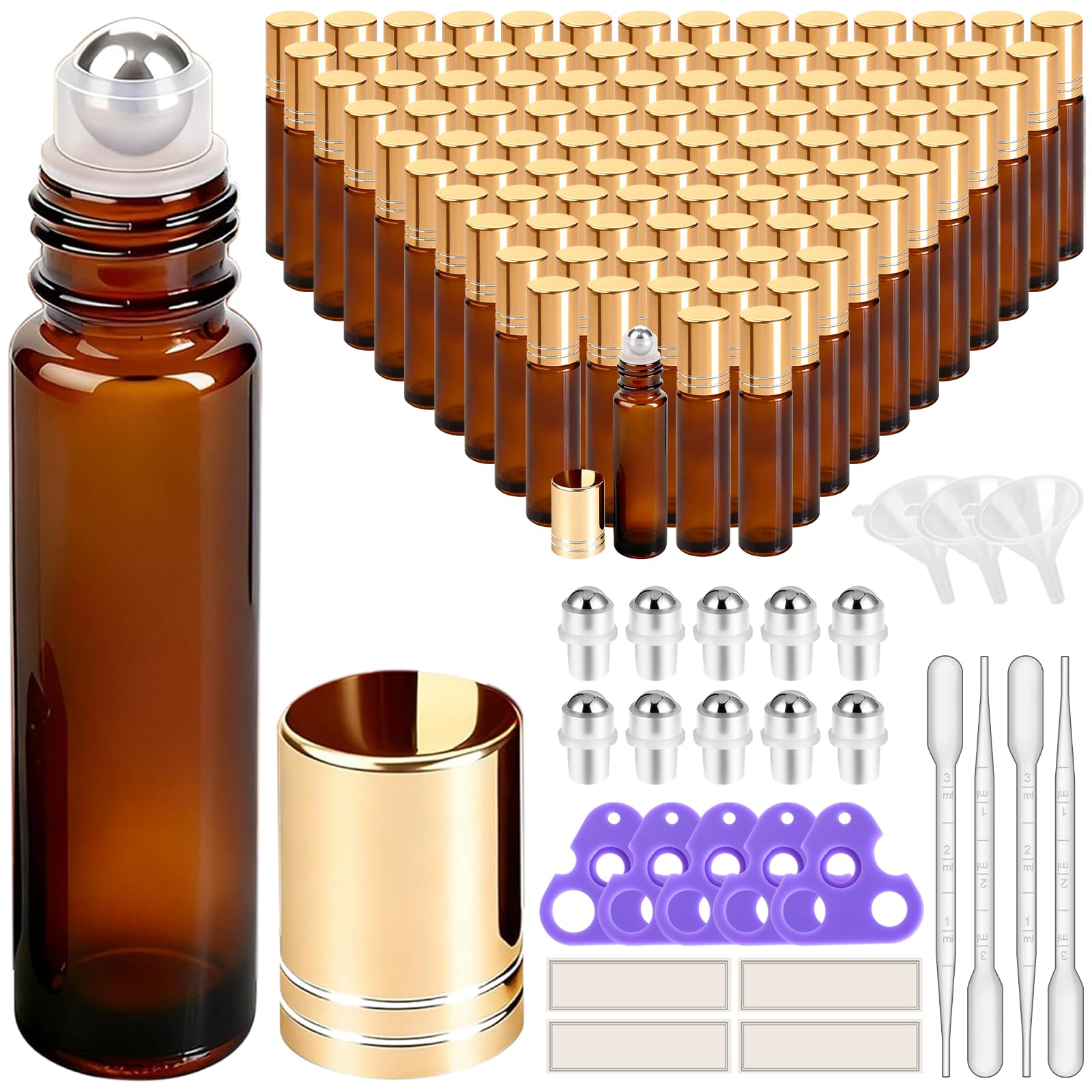 PrettyCare Set of 120 Bulk 10 ml Essential Oil Roller Bottles with Stainless Steel Roller Ball - Refillable