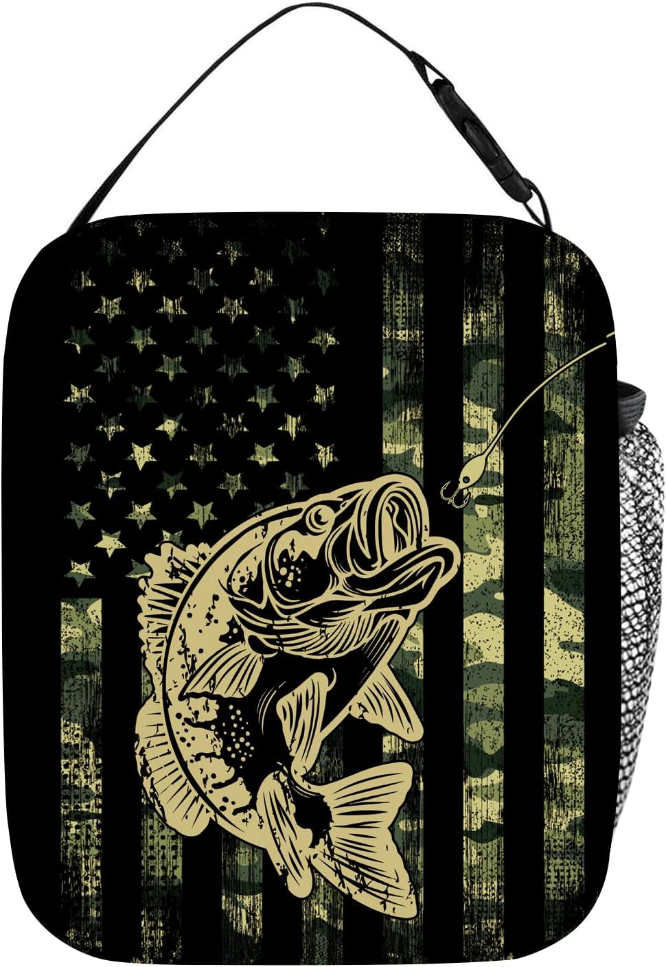 Camo Bass American Flag Lunch Box, Army Green Camouflage USA Flag Bass Fishing Bait Lunch Bag for Men Women Kids Boys Girls, Camo Fish Insulated Lunchbox Portable Thermal Cooler Tote Bag