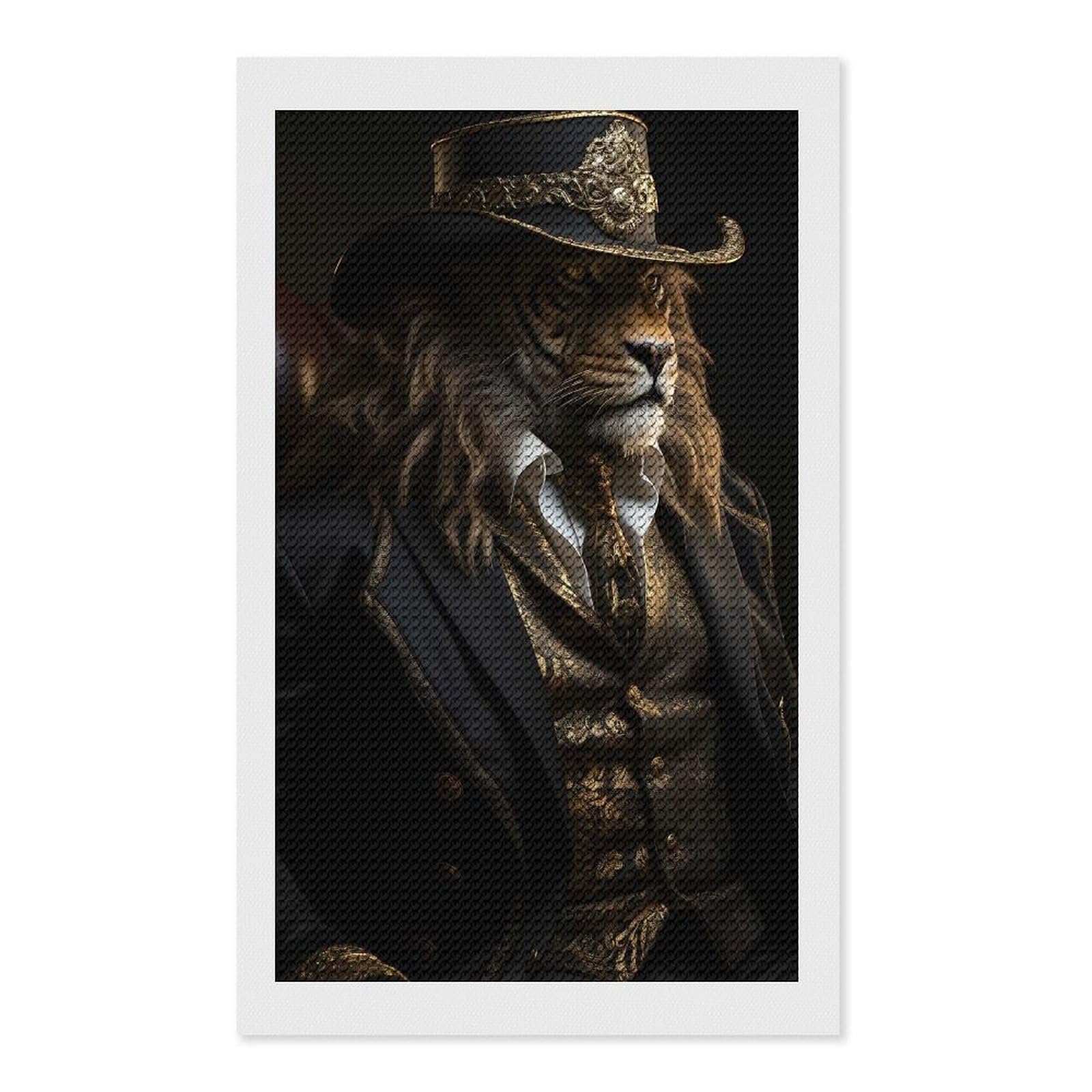 Junmoney Lion in Suit and Hat Diamond Painting Canvas Set 12"x20", for Adults, Sparkling Round Gems, Thoughtful Handmade Gift, Modern Decor