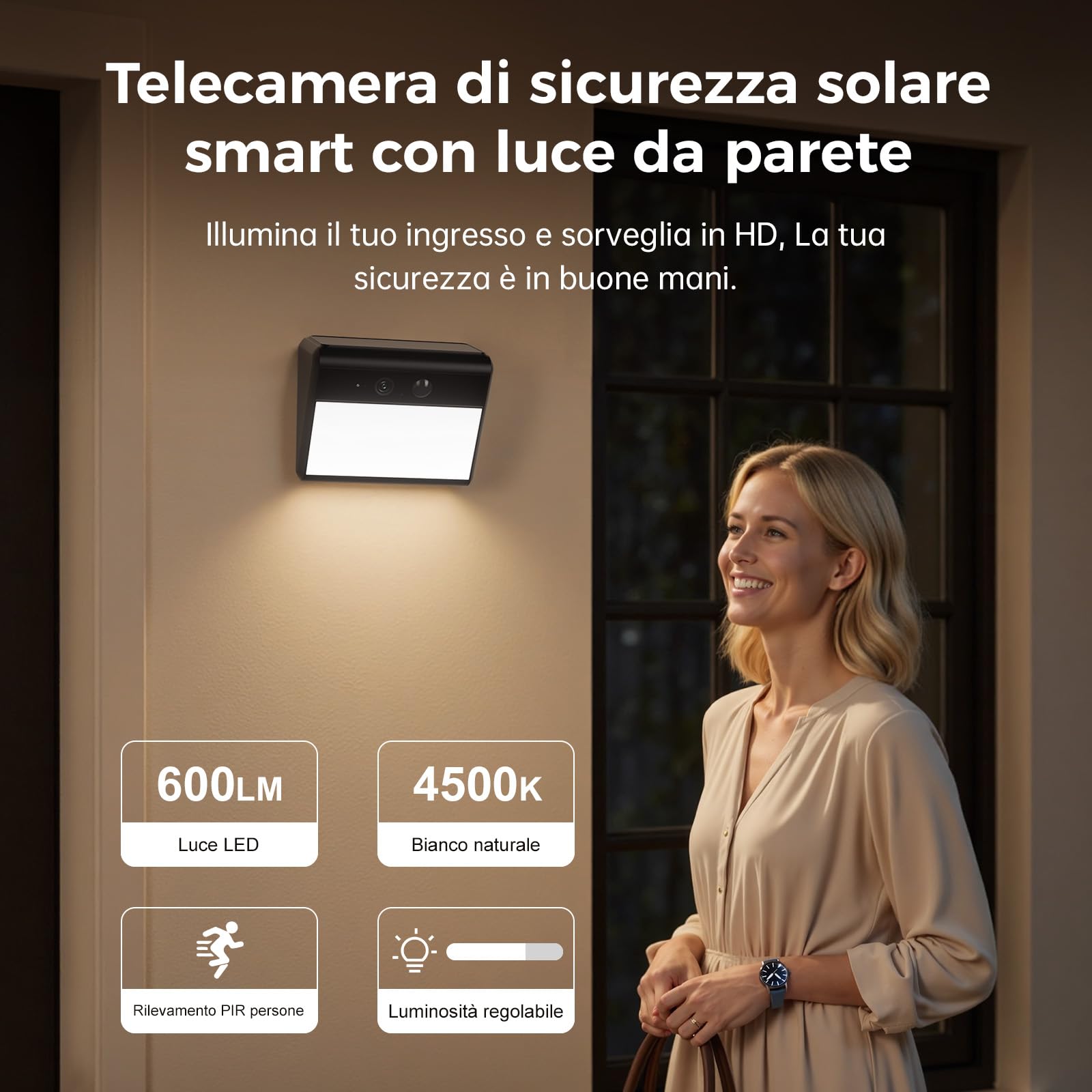 Woox Telecamera da Esterno Solare con Lampada a Parete, 2K Telecamera WiFi Esterno Senza Fili con Batteria, Rilevamento IA persone/animali/veicoli, Visione Notturna a Colori, IP65, Wi-Fi 2,4 GHz