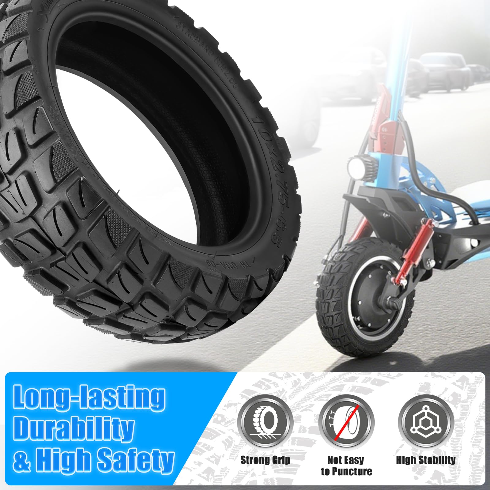 Pneu 10x2.75-6.5 Tubeless Offroad pour Kukirin G2 Master Trotinette Électrique, Pneu Tubeless 10x2.75-6.5 Tout Terrain, 10 Pouces Pneu Sans Chambre a Air avec Valve, Anti-Usure & Dérapant, 1PCS