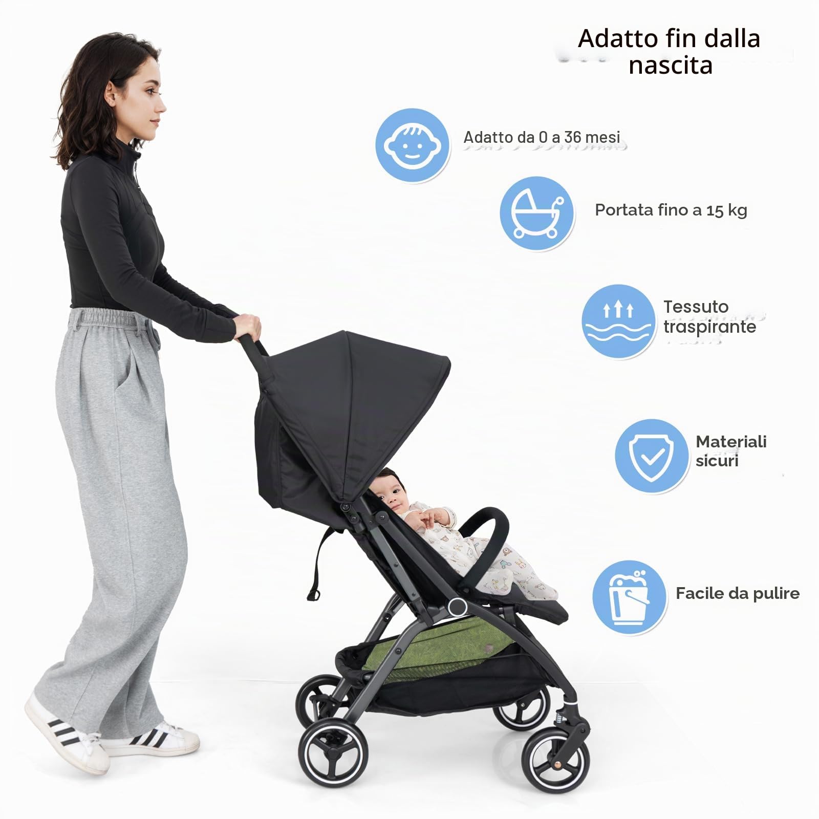 LIFEZEAL Passeggino Ultraleggero per Bambini 0-36 Mesi, Passeggino Compatto da Viaggio a Ombrello, per Aereo, Pieghevole, Regolabile, con Cintura di Sicurezza, Ruote, Freno, Parasole, Cesto (nero)