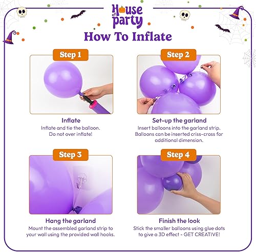 Miniatura 9 de HOUSE OF PARTY Kit de arco de globos de Halloween  1812105 pulgadas, globos negro, morado, naranja y verde azulado con globo grande de papel de