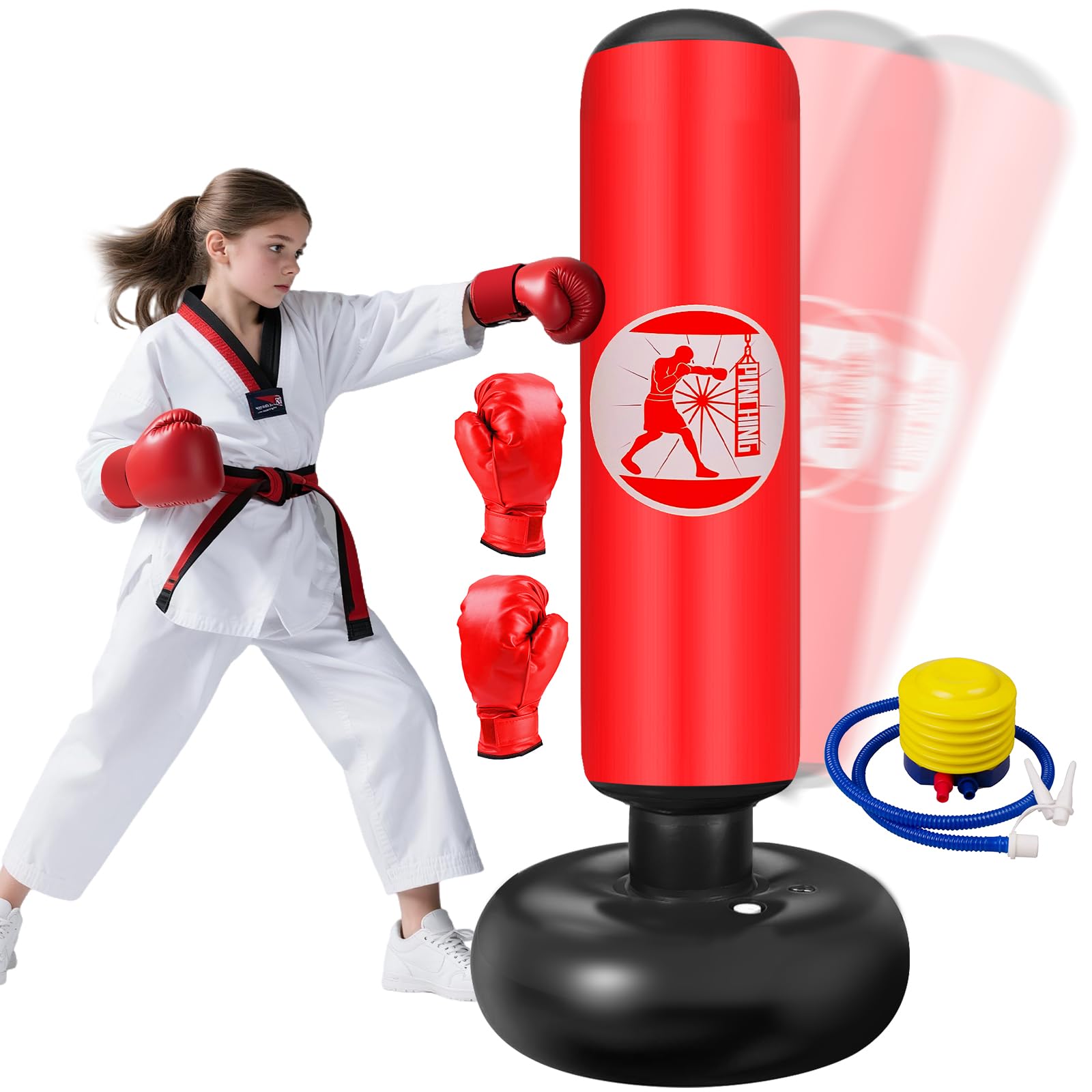 YasinKidz Bokszak voor kinderen, 168 cm pungibal voor kinderen met bokshandschoenen en pomp, cadeau voor jongens en meisjes vanaf 3 tot 14 jaar, karate, taekwondo, MMA