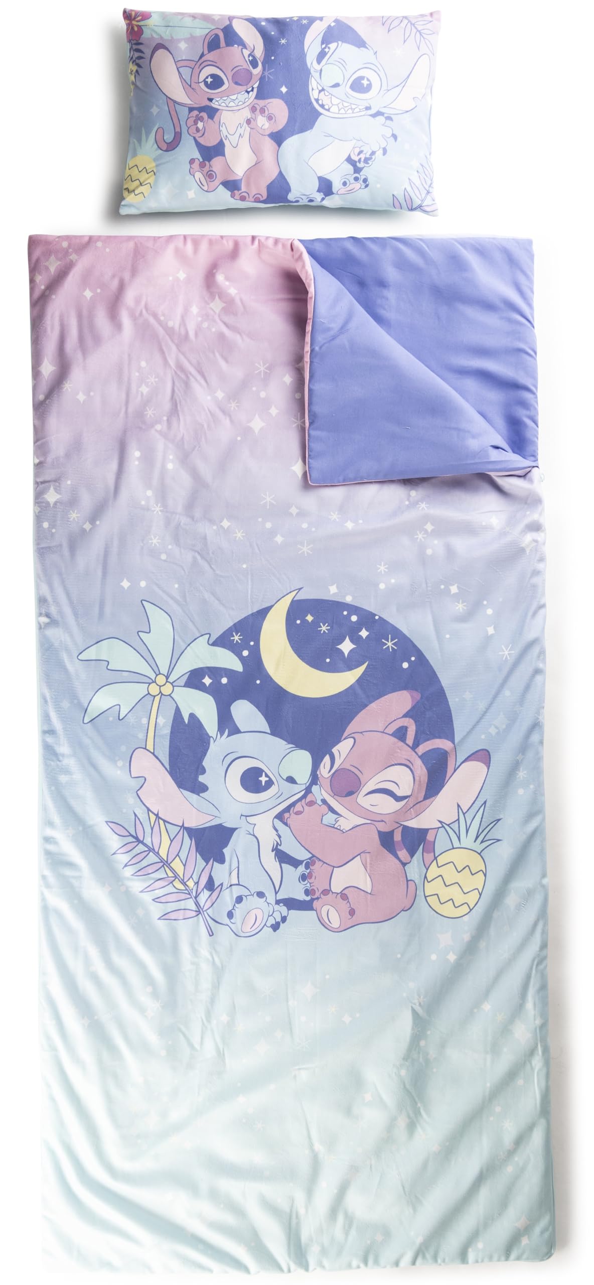 Jay Franco Kids Slumber Bag and Pillow - 54 x 27 Inch Comfy Indoor Sleeping Bag for School and Sleepovers, 2 Piece Set, Multi - Lilo & Stitch
