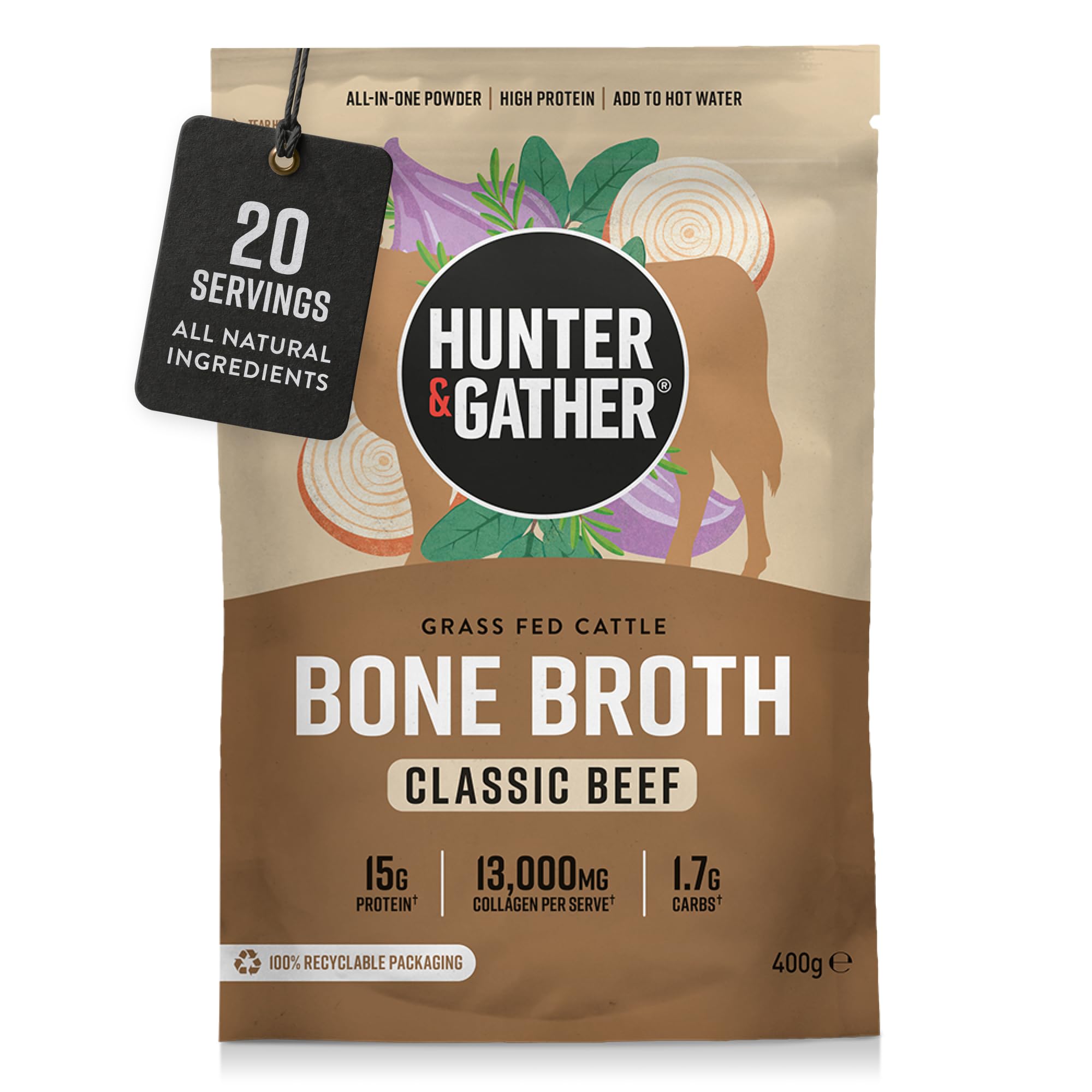 Hunter & Gather Brodo di Ossa di Manzo in Polvere 400g | 15g di Proteine & Collagene da Bovini Europei Nutriti a Erba | Istantaneo, Senza Glutine | Non Serve Refrigerazione | 74 kcal/porzione
