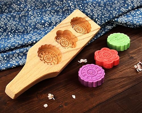 Miniatura 3 de Molde MoonCake - Molde chino tradicional de mediados de otoño para pastel de luna, molde de 3 flores en forma de madera, hecho a mano, para