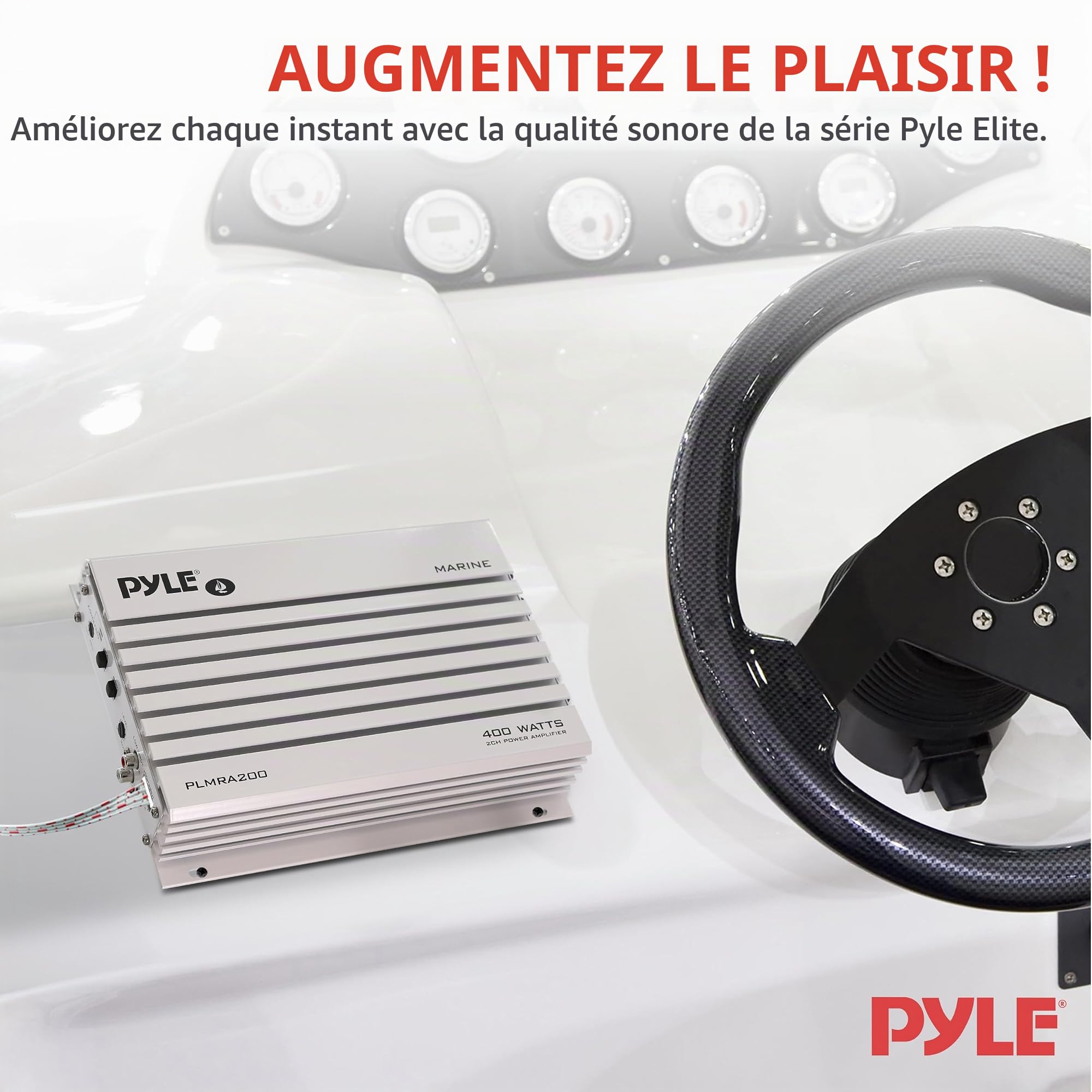 Amplificateur Pyle étanche avec 2 canaux et une puissance de 400 Watts. Idéal pour bateau, scooter de mer etc.