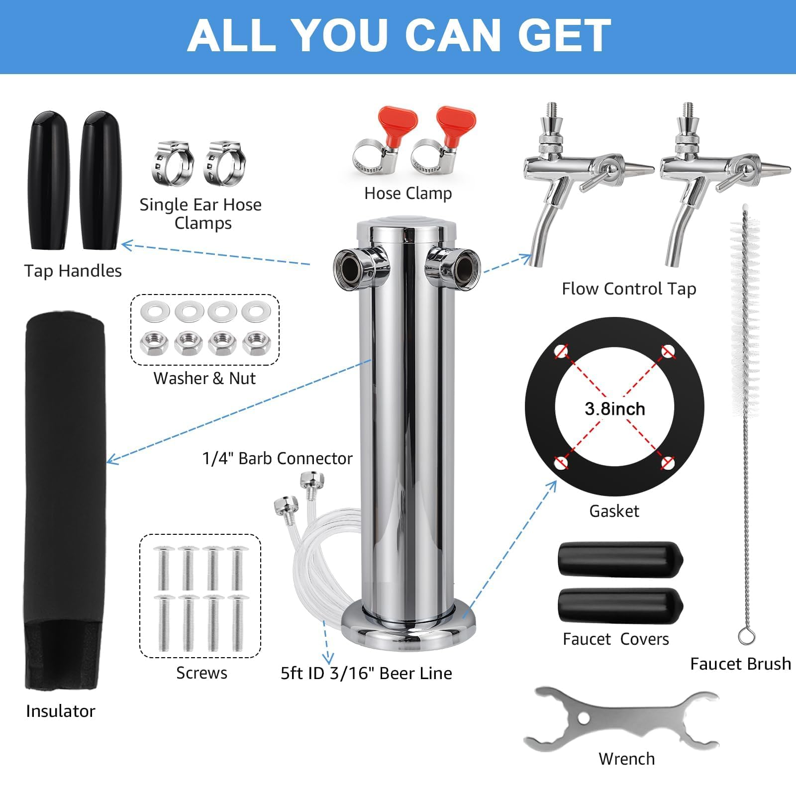 Torre Kegerator de doble grifo ajustable, torre de cerveza premontada, torre dispensadora de cerveza de acero inoxidable, llave de cerveza de cierre automático para piezas de Kegerator de cerveza