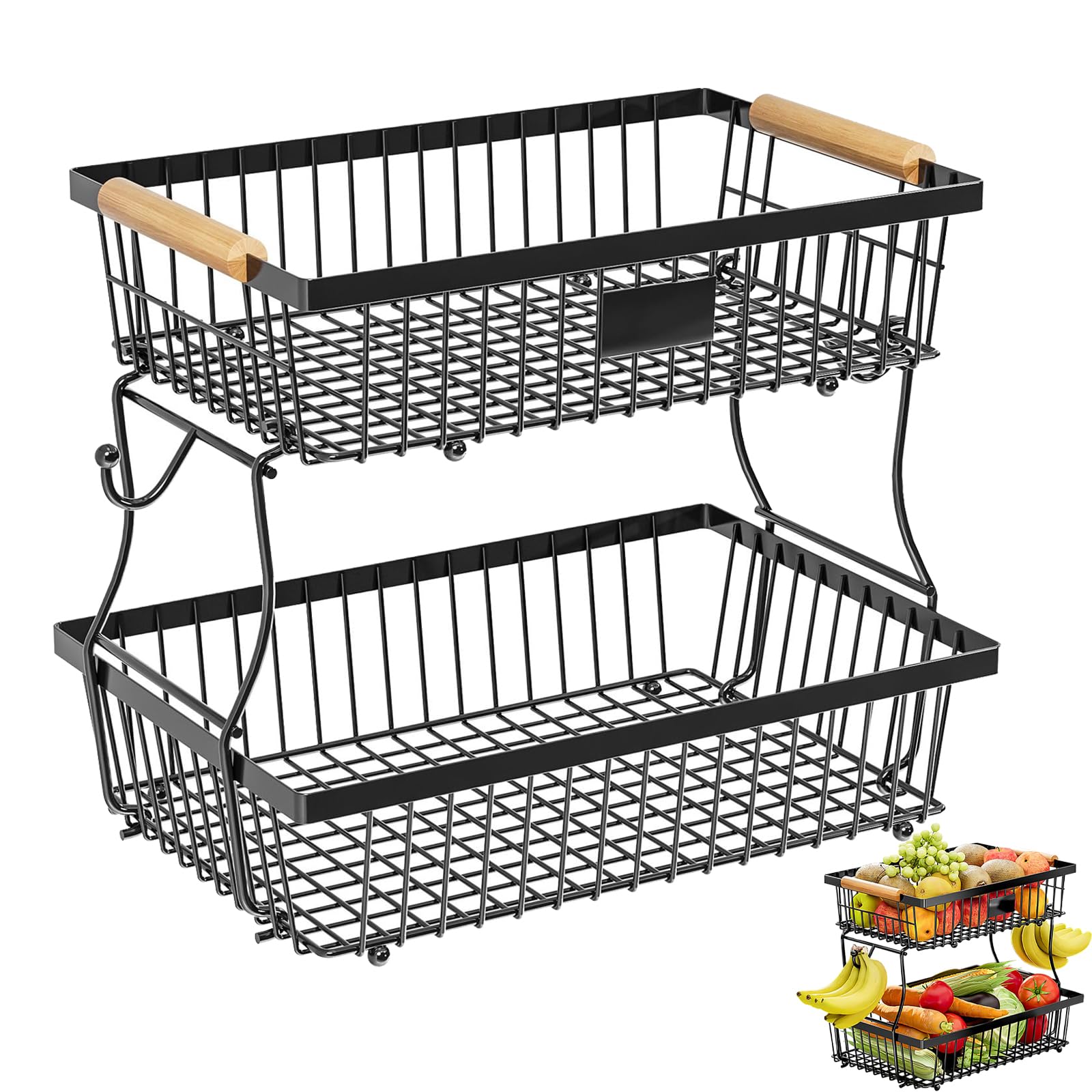Portafrutta a 2 Ripiani in Metallo, Cestino Portafrutta a 2 Ripiani, Cestino per la Frutta Rimovibile, Fruttiera Moderna con Maniglie in Legno, Include 2 Ganci, Adatto per Snack, Verdure e Pane