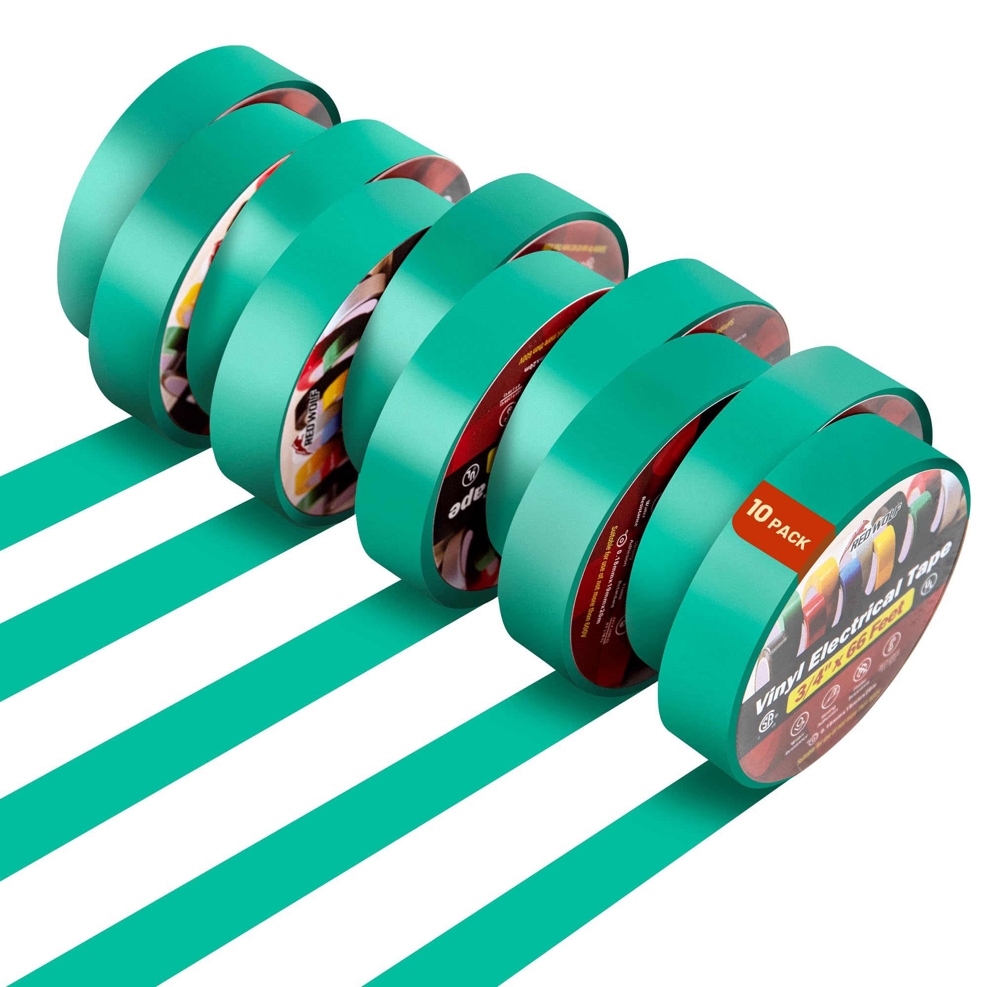 RED WOLF Green Electrical PVC Tape 19mm x 20m Insulation Tape 7 Mil 10-Pack