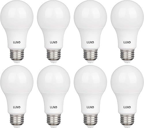 LUNO Bombilla LED A19 no regulable, 6.0 W (equivalente a 40 W), 450 lúmenes, 5000 K (luz diurna), base media (E26), certificado UL (paquete de 8)