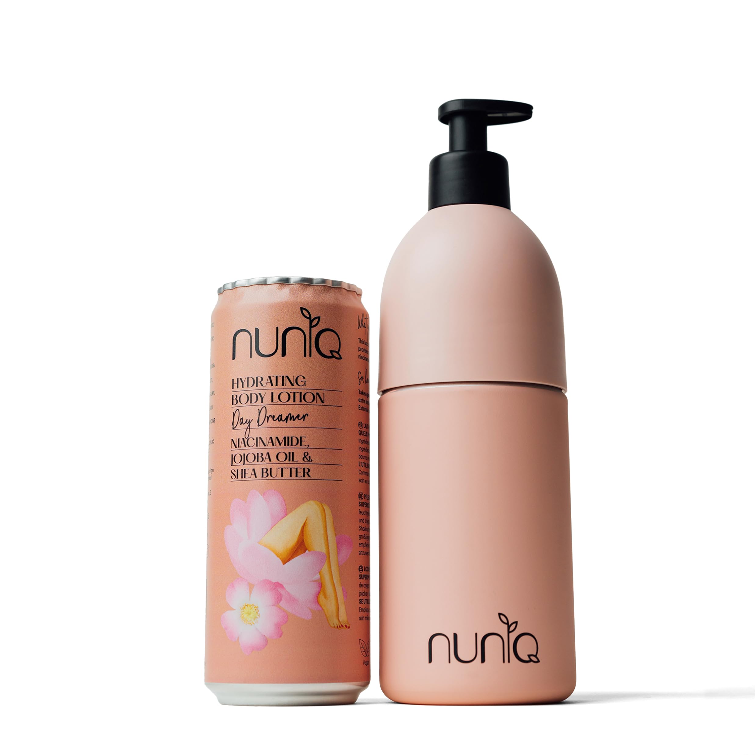 Crema Hidratante Corporal Natural 330ML + Dispensador Reutilizable | Vegana con Niacinamida, Jojoba y Karité | Sin Tóxicos | Loción Corporal Piel Seca y Sensible | Refill Sostenible Nuniq