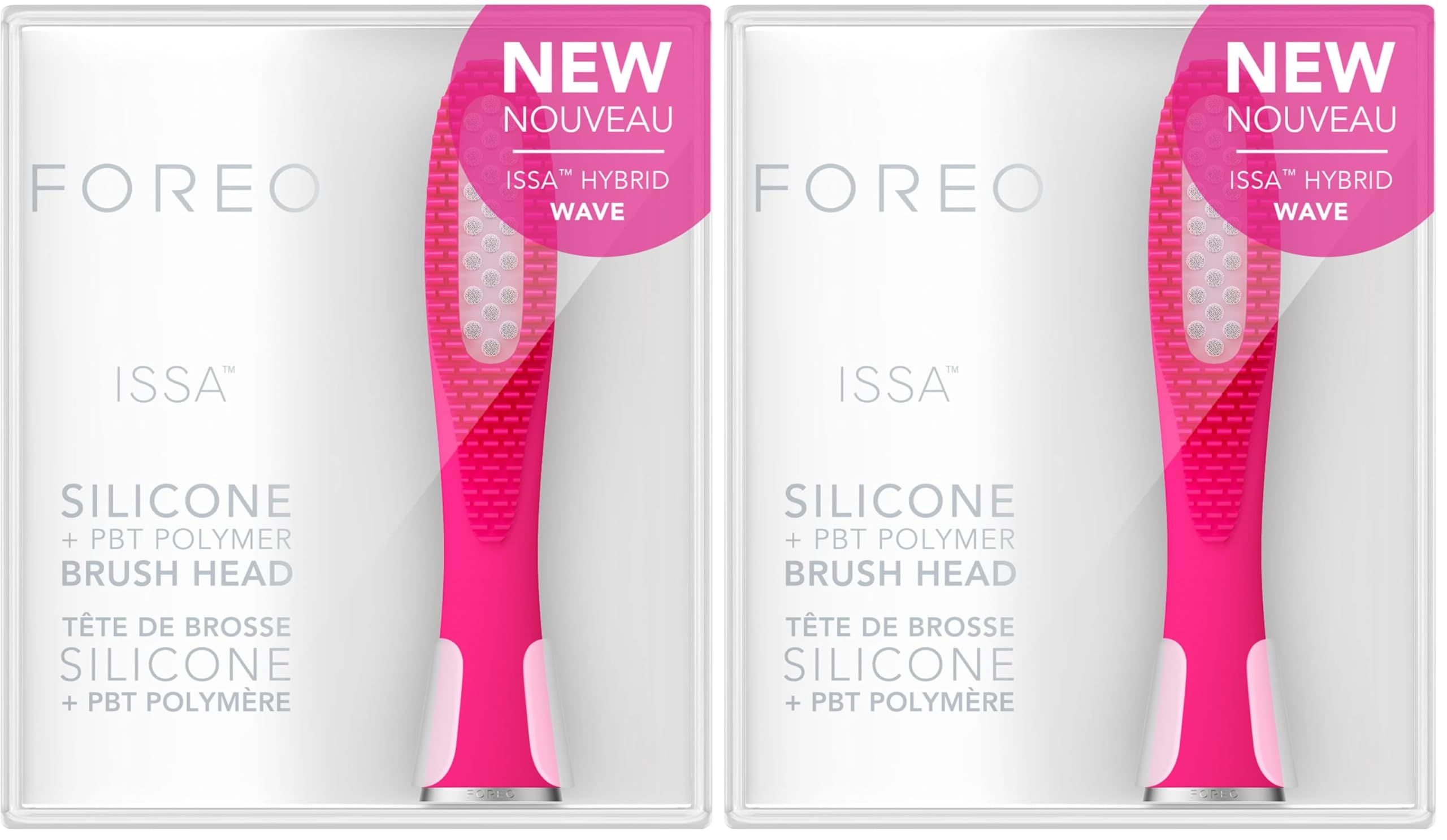 Testina FOREO ISSA Hybrid Wave, setole in silicone medico e PBT, durata di 6 mesi, sostituibile, Fuchsia (Confezione da 2)