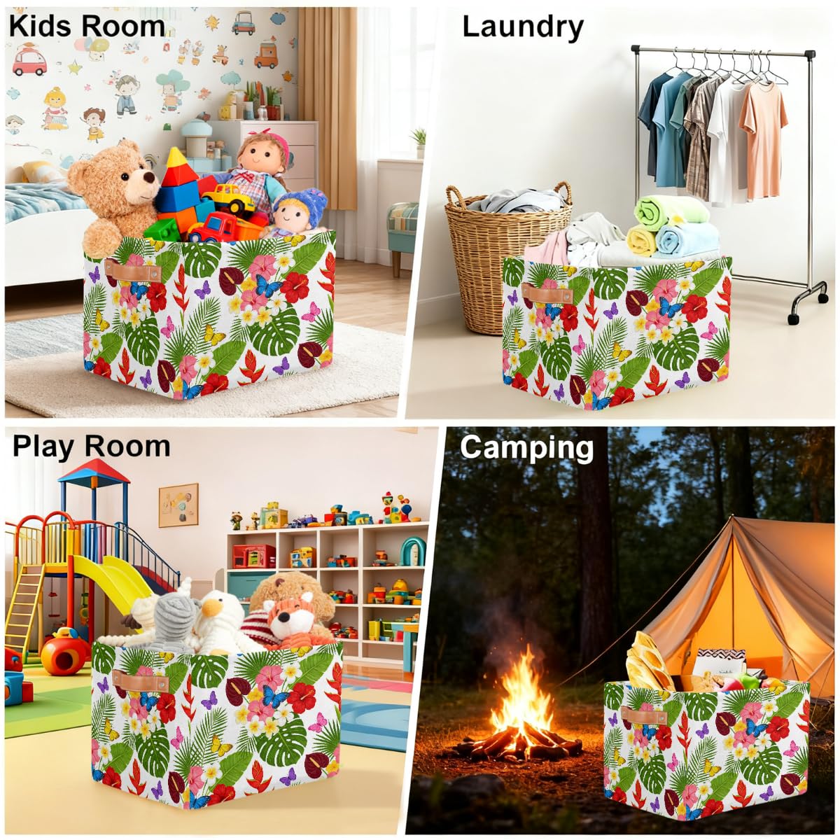 Rechteckiger Aufbewahrungskorb mit tropischen Blumen- und Schmetterlingsmustern, 2 Stück, faltbarer Stoff-Aufbewahrungskorb für Schrank, Badezimmer, Wohnzimmer, Büro, Spielzeug, Organizer
