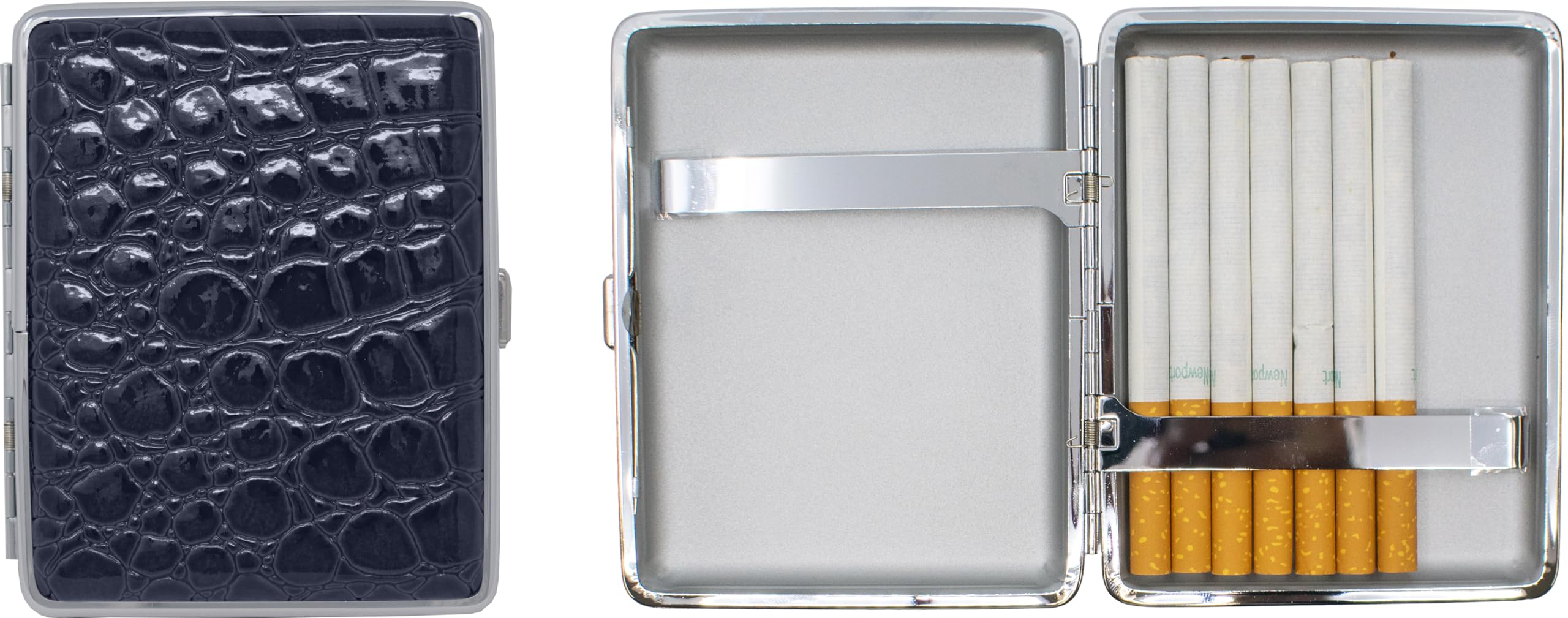 Set of 2 Metal-Plated 100s Leather Cigarette Case & Stash Box (Crocodile Navy)