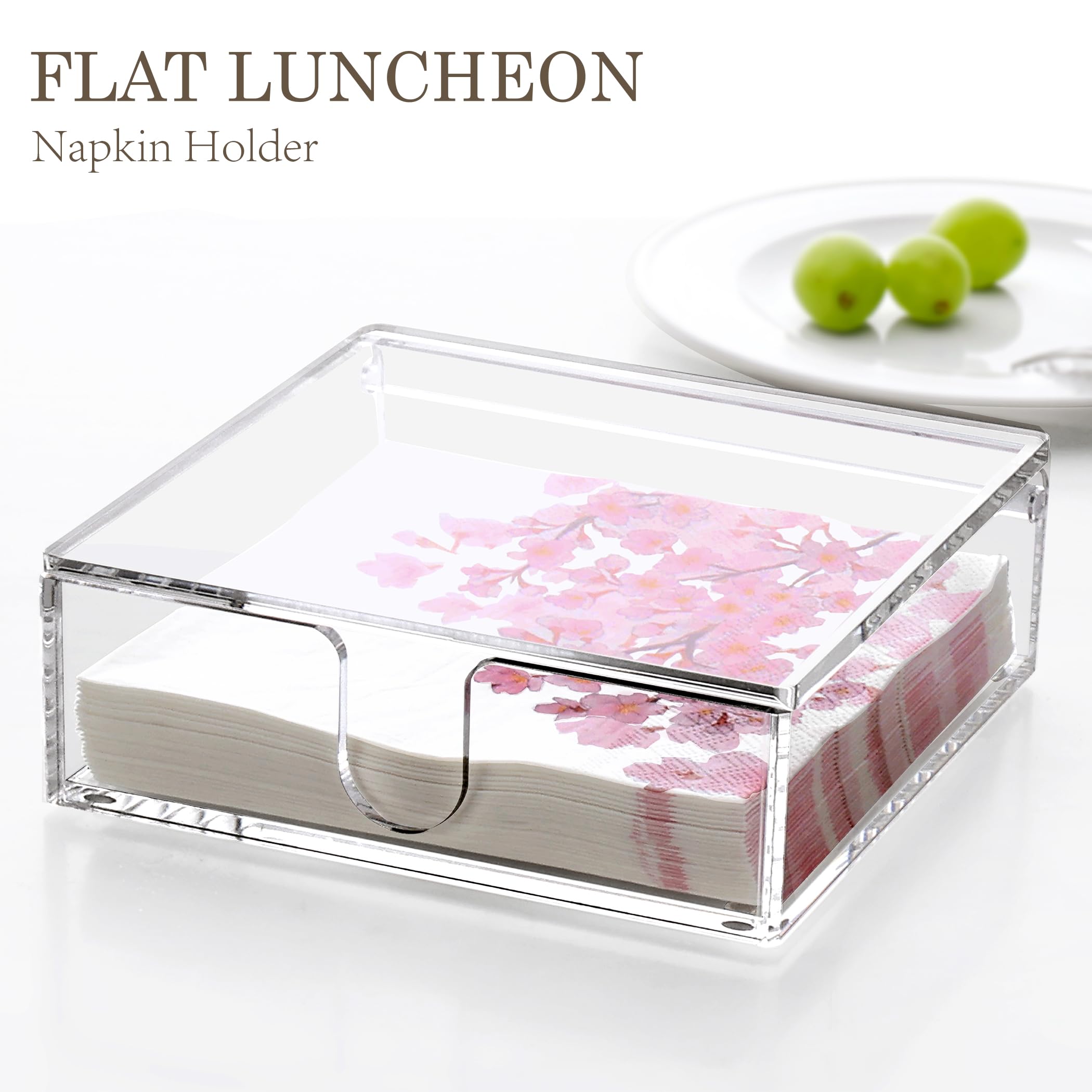 DINGHUO Servilletero de acrílico, dispensador plano de servilletas de almuerzo con tapa, organizador de servilletas de papel impermeable con tapa abatible transparente para mesa, cocina, interior y