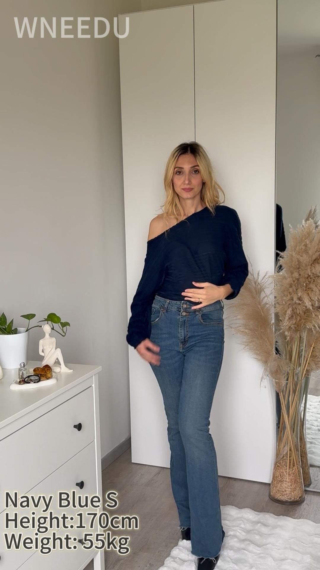 WNEEDU Maglioncino Donna Scollo A Barchetta Spalle Scoperte Maniche A Pipistrello Maglione Donna Invernale Largo Elegante Pullover Blu Navy S