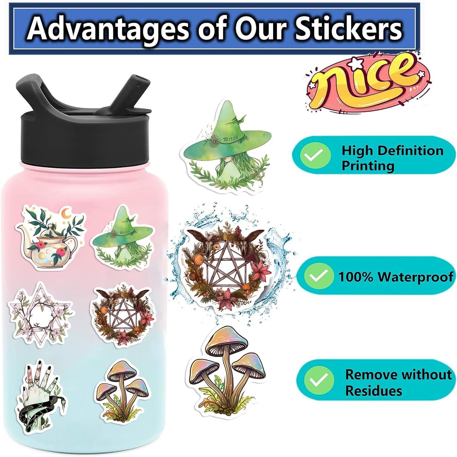 50pcs Witchy Stickers Magic Green Forest Witch Sticker(Witch)