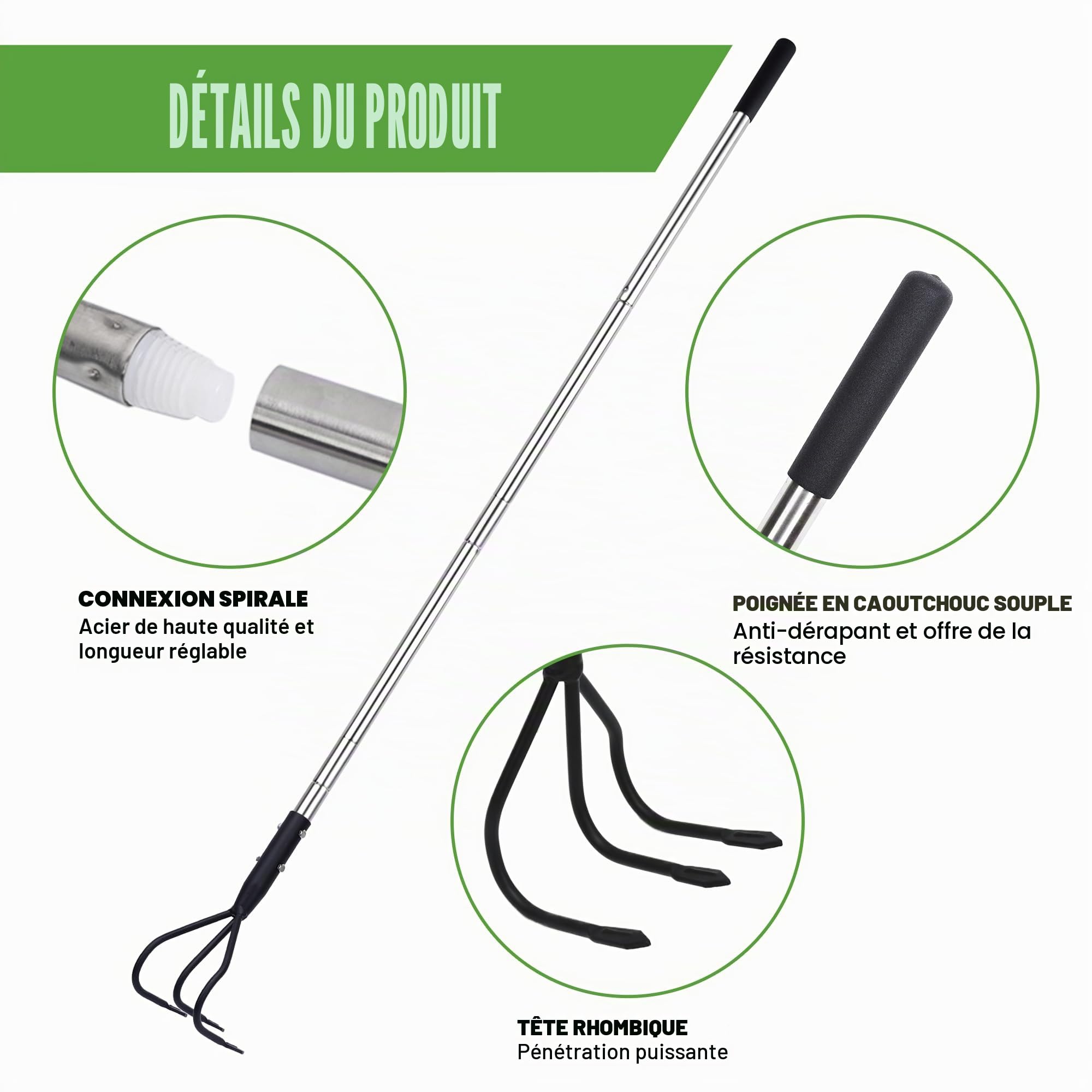 YEELOR Cultivateur de jardin multifonctionnel 3 griffes long manche poignée réglable 140 cm outils de désherbage ameublissement sol