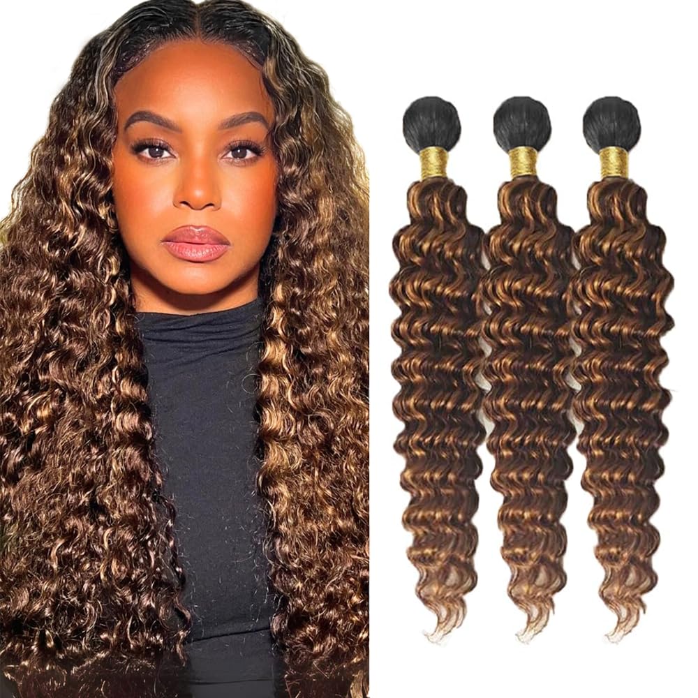 Highlight Brown Human Hair Bundles Ombre Brown Bundles #4 Deep Wave Bundle 16 18 20 inch #4 Deep Wave Bundle 3 Tone 300g
