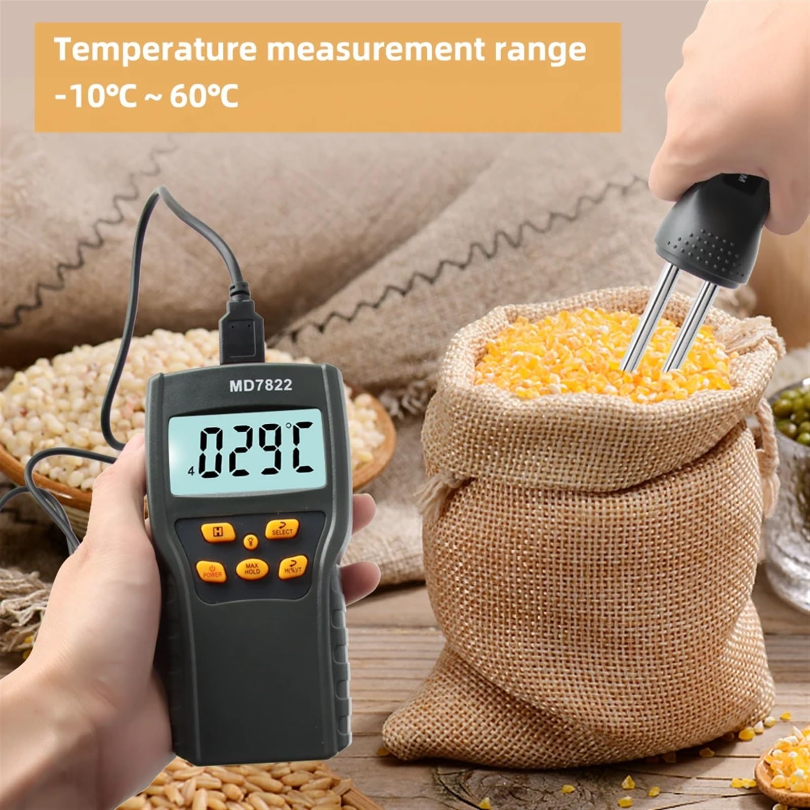Misuratore di umidità digitale for cereali Termometro for alimenti Tester di umidità Analizzatore di igrometro a sonda lunga Tester for rilevatore di acqua for chicchi di riso,Giardino,Prato,Interno,