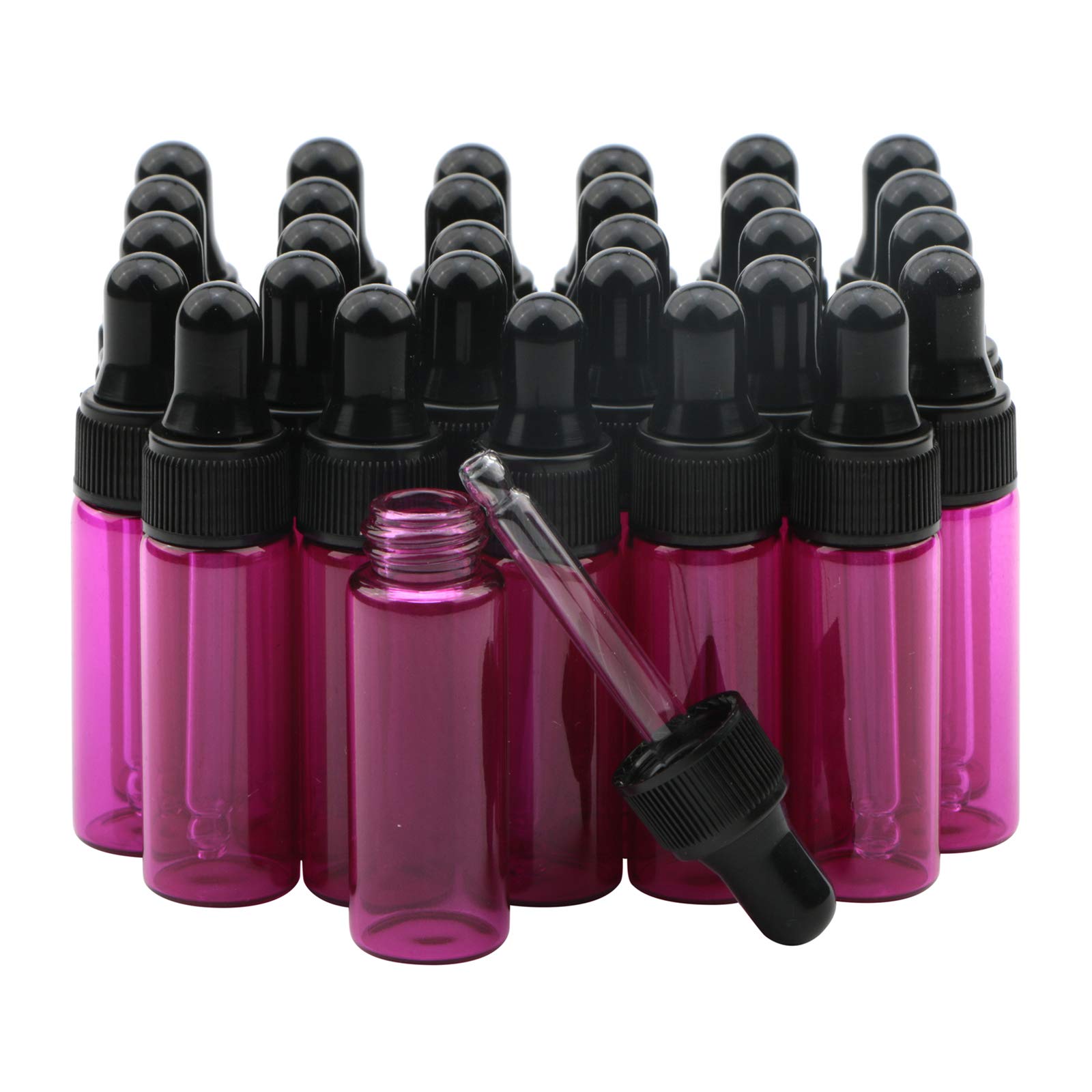 Rowiz Pink 30 Pcs 5Ml Small Dropper Bottles Essential Oil Glass Bottle,Lotion Perfume Sample Vials With Glass Eye Dropper And Black Caps Bottle. (Pink)