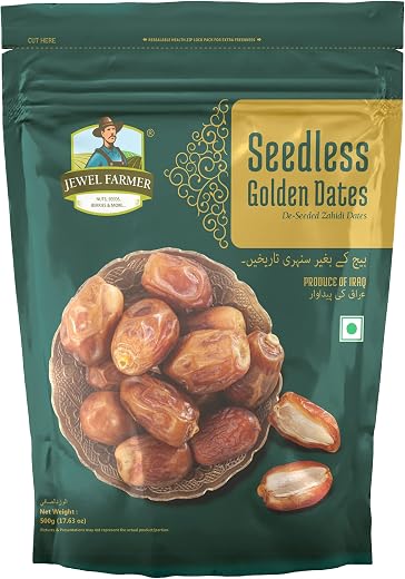 JEWEL FARMER Seedless Golden Dates with Dietary Fiber &amp; Protein, Pack of Cholesterol Free Nutritious &amp; Fresh Dried Khajoor...