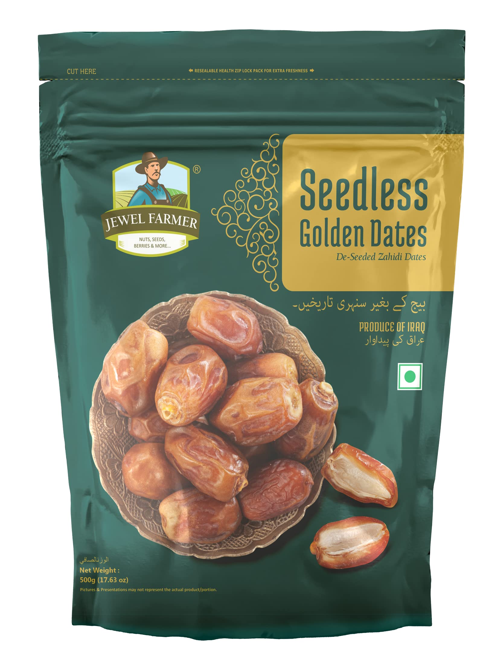 JEWEL FARMER Seedless Golden Dates with Dietary Fiber & Protein, Pack of Cholesterol Free Nutritious & Fresh Dried Khajoor (500g) (B0C496TPW9) Amazon Price History, Amazon Price Tracker