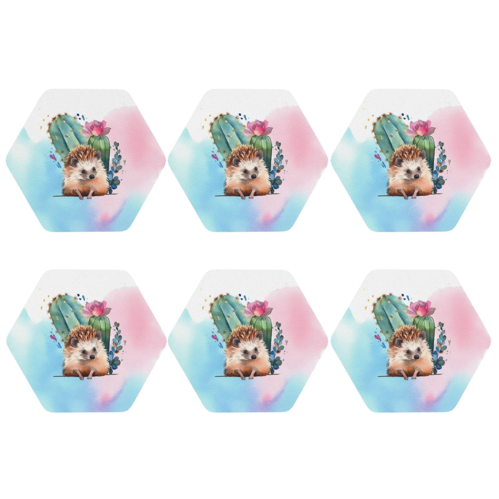 6pcs Leather Coasters for Drinks, Watercolor Hedgehog Drink Coasters for Tabletop Protection, 4" Cup Coasters for Coffee Table Decor, Non-Slip Drinking Cup Mat for Hot Or Cold Drink