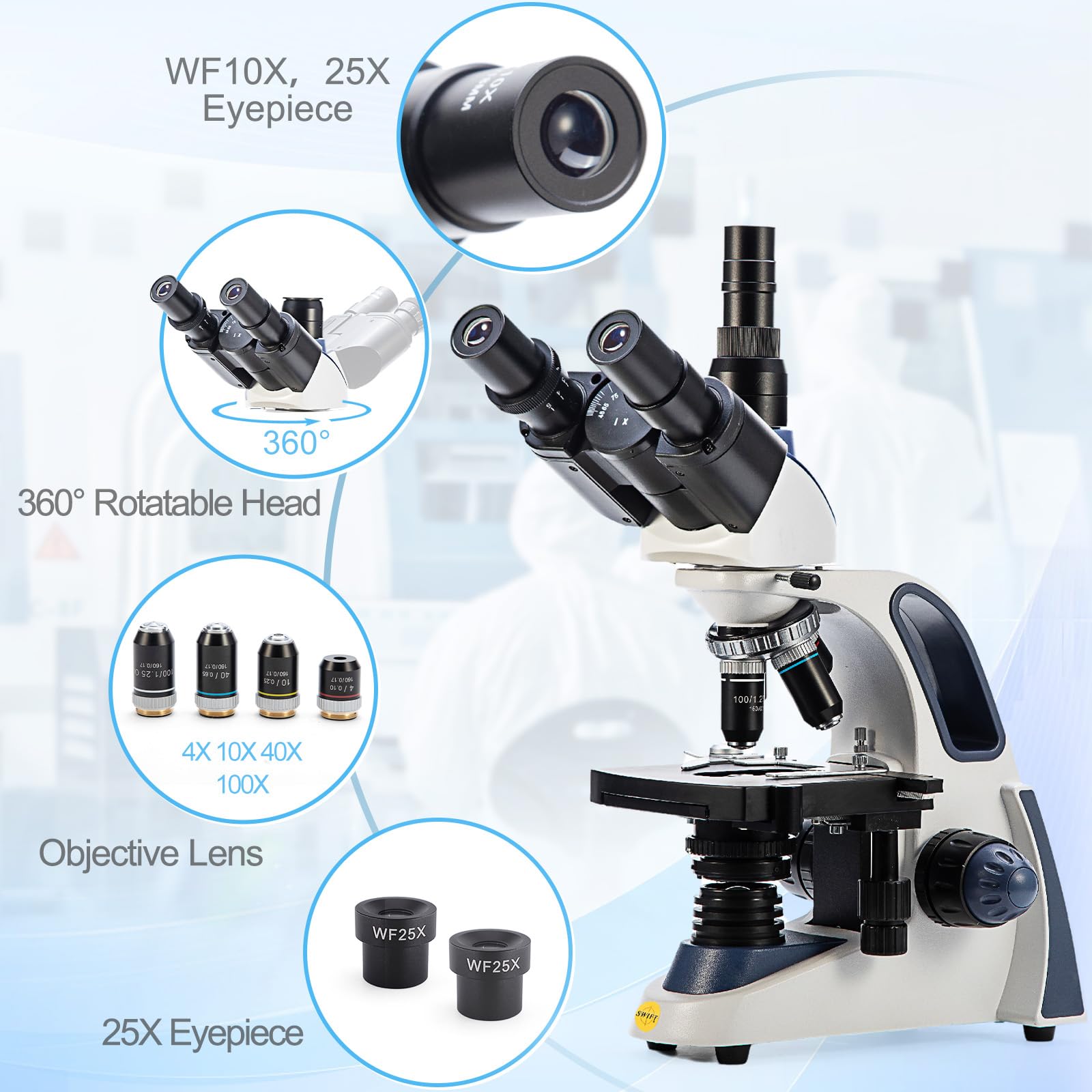 SWIFT Microscopio composto trinoculare SW380T, 40X-2500X, con fotocamera da 5 MP e diapositive, testa Siedentopf, grado di ricerca, stadio meccanico a due strati