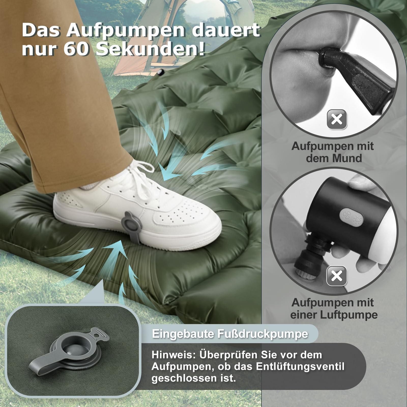 Isomatte Ultraleicht,Luftmatratze Camping,Aufblasbar Matratze mit Fuß pumpe,Tragbar Air Mattress bis Zu 300kg mit kissen,Kompakte und Leichte Schlafmatte für Wandern,Strand,Zelt und Hiking-9cm hoch