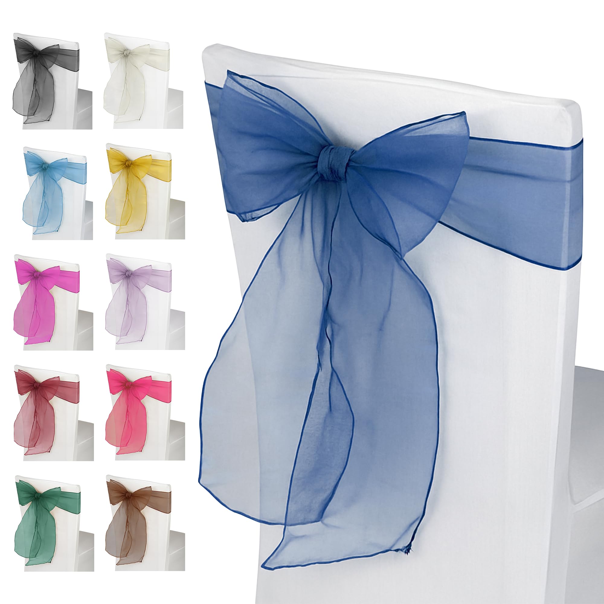 Trimming Shop 50pcs 17x280cm Royal Blue Organza Sashes Wider Sash Fuller Bow Chair Cover Bow Sashes for Wedding, Birthday, Reception, Anniversary Party Decoration
