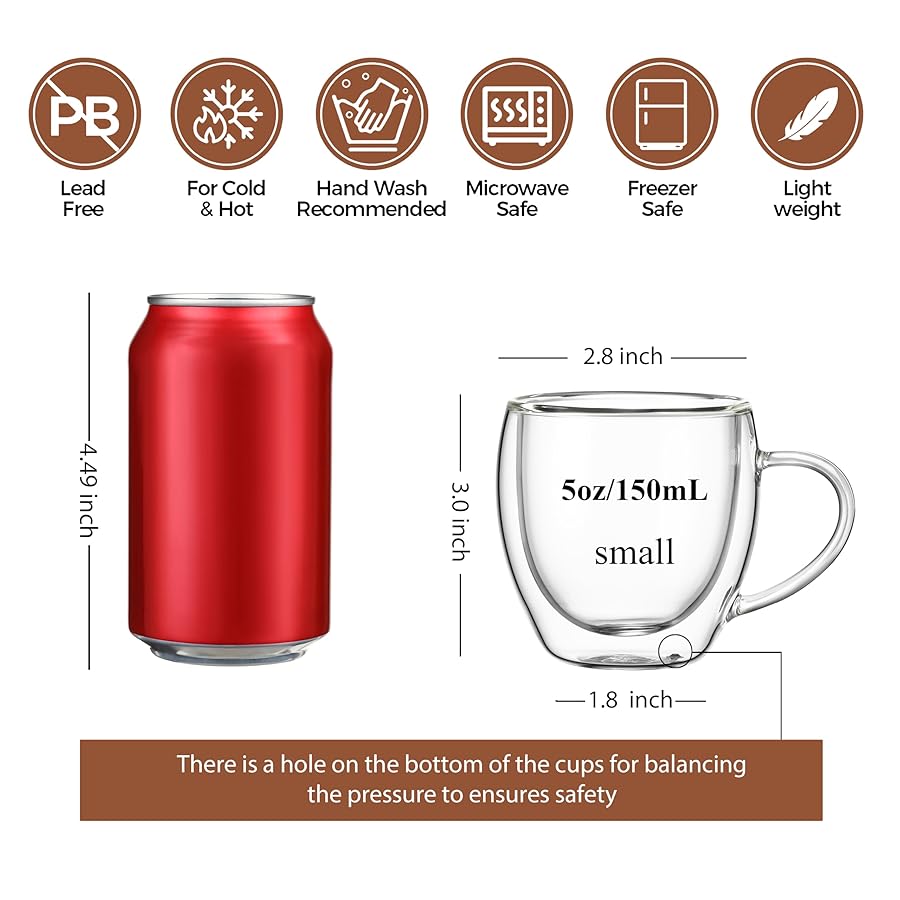 CNGLASS 5oz Espresso Mugs (Set of 4),Double Wall Insulated Glass Coffee Mugs with Handle,Espresso Shot Glasses,Clear Expresso Coffee Cups… - image 2