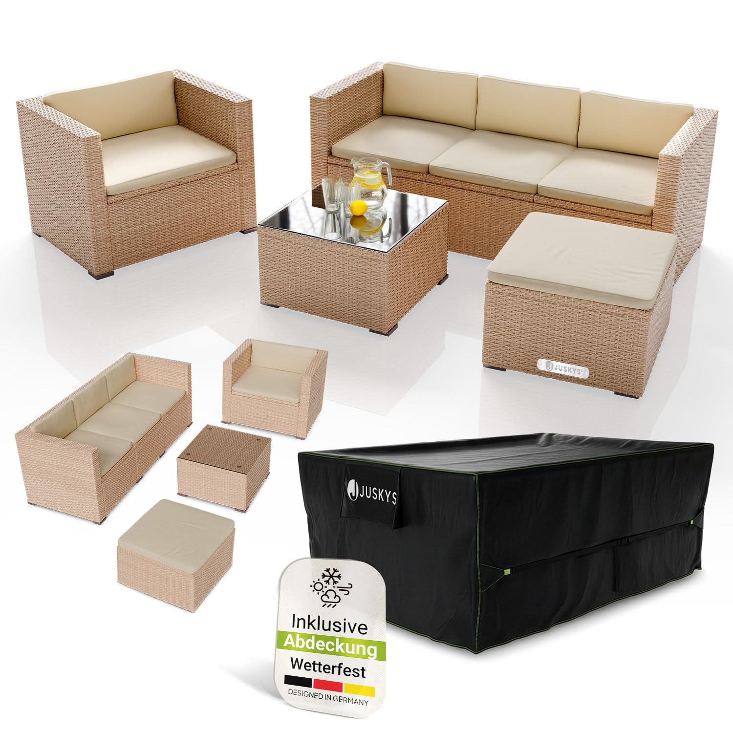 Juskys® Polyrattan Lounge Punta Cana L inkl. Abdeckung für 4-5 Personen mit 3er Sofa, Sessel, Hocker, Tisch & Kissen, Sitzgruppe für Garten, Terrasse und Balkon, Gartenmöbel Set wetterfest - Creme