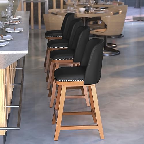 Vista 2 de Flash Furniture Julia - Juego de 2 taburetes de transición para mostrador, tapicería LeatherSoft negra, ribete plateado de cabeza de clavo, 24