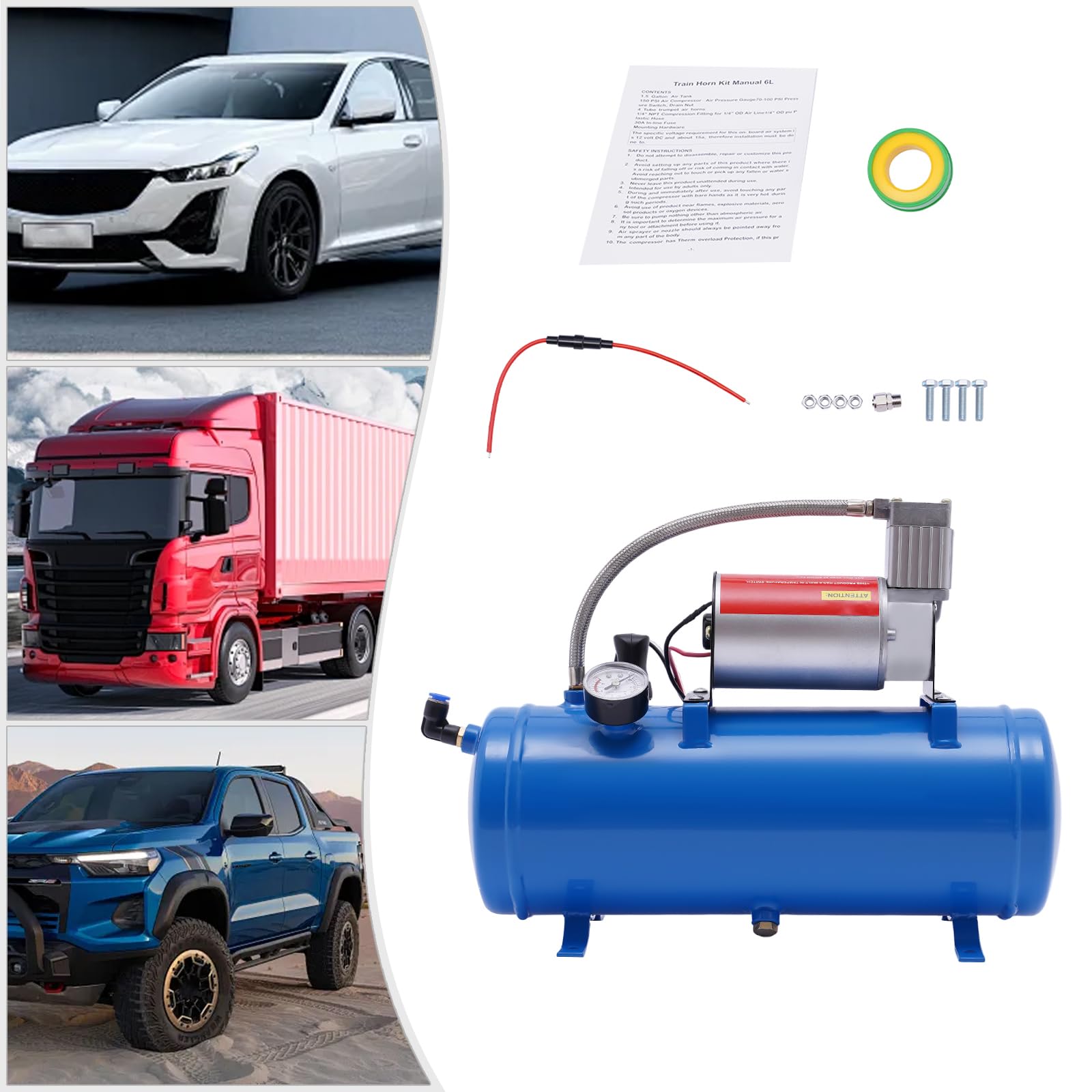 Luftkompressor 12V Luft Kompressor mit 6L Kraftstofftank und Manometer Druckluftkompressor,Maximaler Arbeitsdruck 150Psi,für Autoreifen, Automotoren, Fahrräder