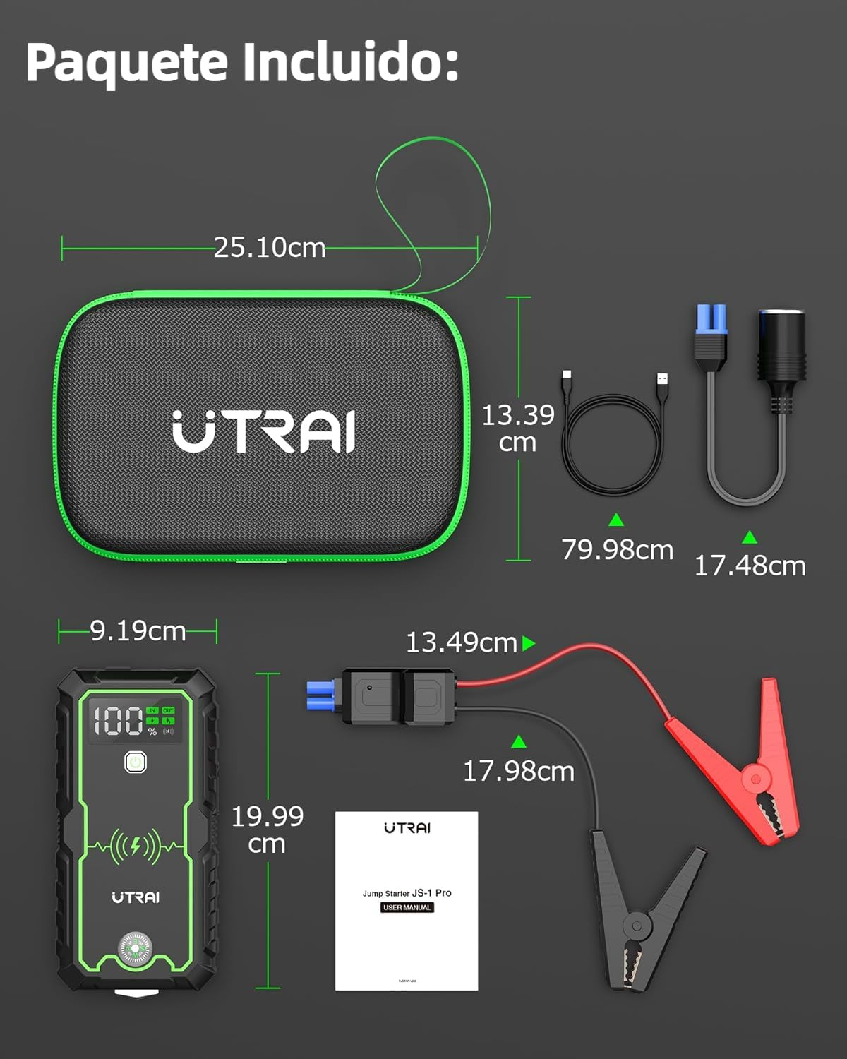 6000A 27000mAh Arrancador de Baterias de Coche con Brújula,Martillo de Seguridad,Carga inalámbrica de 10,Linterna LED,UTRAI 12V Arrancador de Coches Portátil para Todo de Gasolina o 10L de Diésel