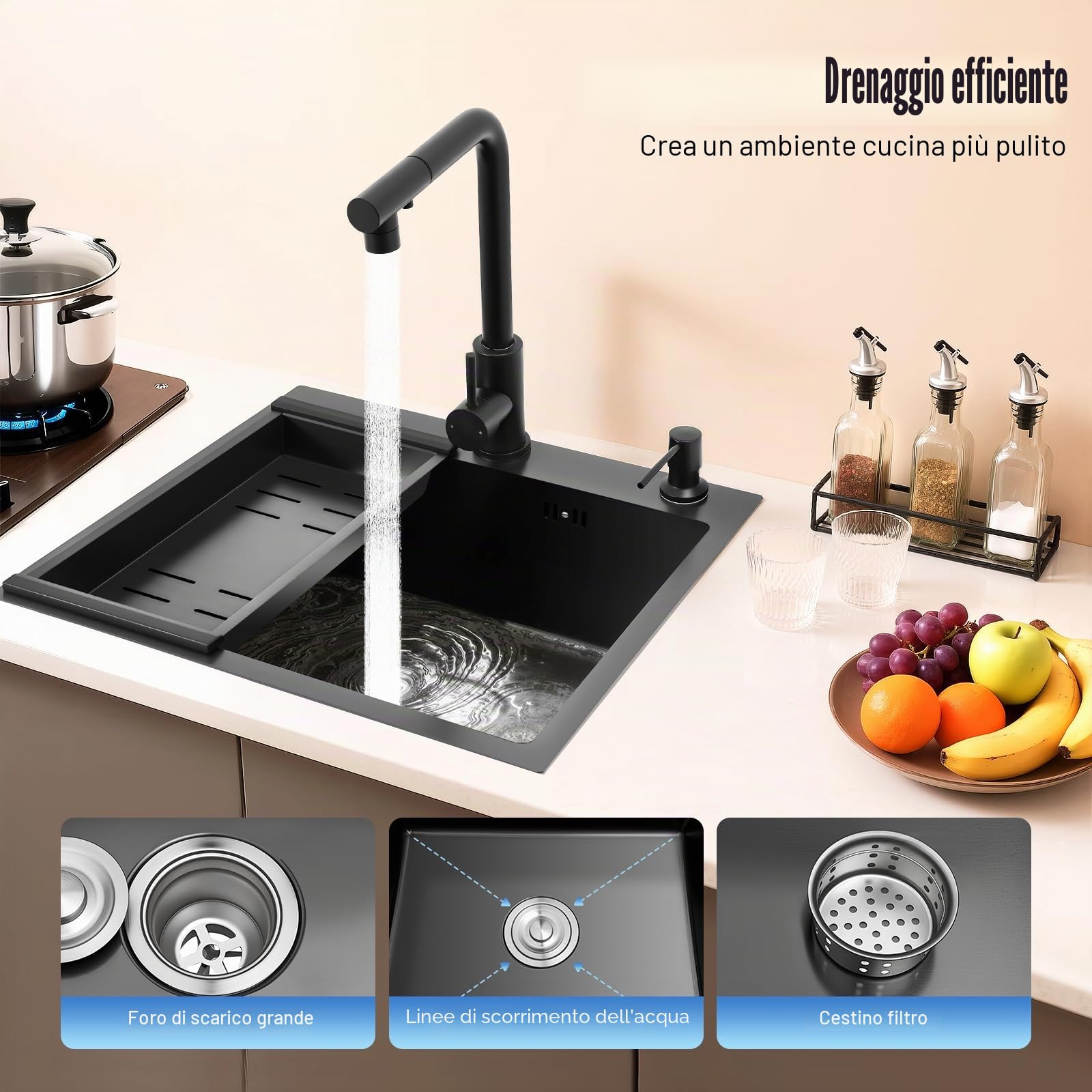 Lavello da cucina in acciaio inox, 50 x 45 cm, 1 vasca, nero con rubinetto estraibile, lavello da incasso, con dispenser per sapone, cestello, tubo di scarico
