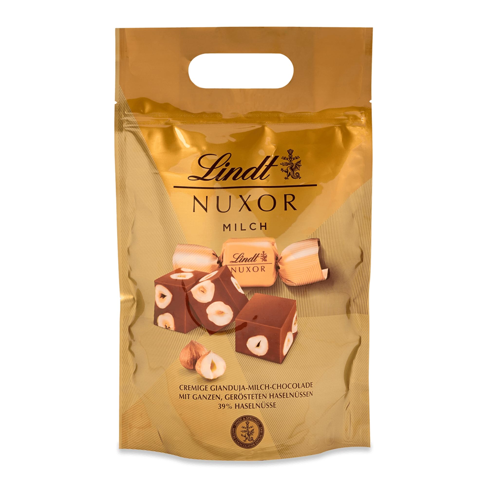 Lindt Schokolade | NUXOR Beutel XXL Milch | 700g | Cremige Gianduja Würfel in Vollmilch-Schokolade mit ganzen, gerösteten Haselnüssen | Schokoladen-Geschenk