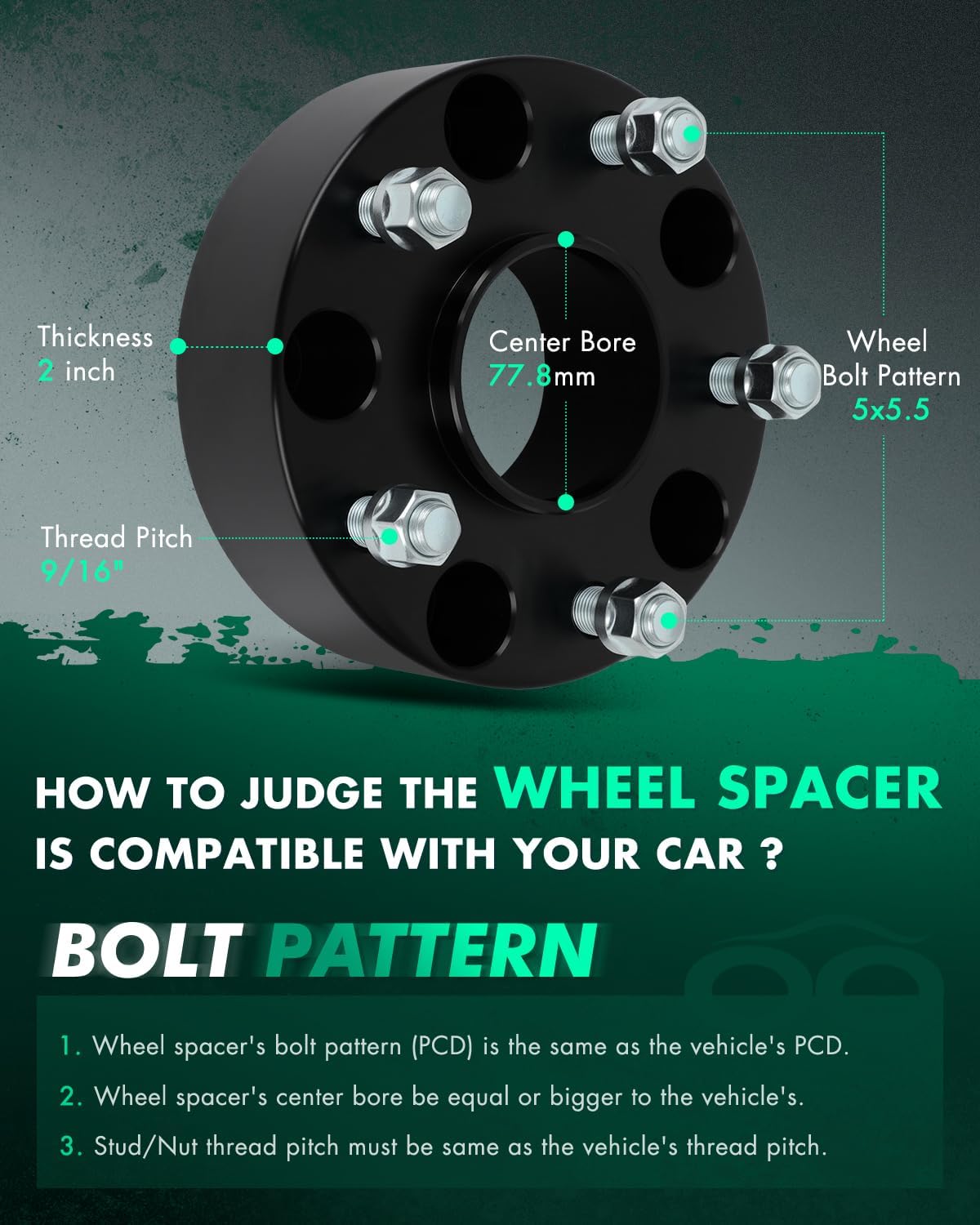 SCITOO 5x5.5 to 5x5.5 Wheel Spacers 2 inch Bore 77.8mm Studs 9/16 Fit for Ram 1500 2002-2010 for Dodge for Durango 2004-2009 2Pcs 5 Lug Wheel Spacers