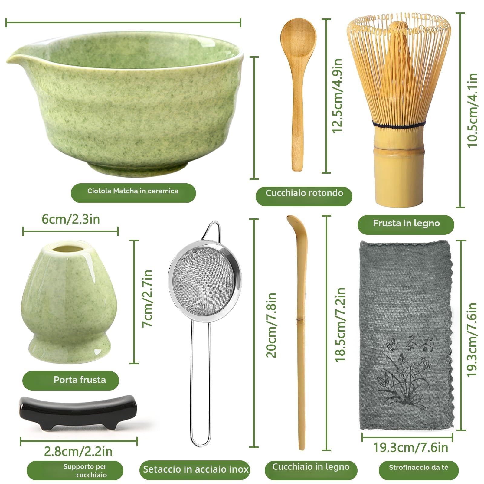 Set Di 8 Pezzi Matcha Kit, Japanese Tea Set, Matcha Whisk Set, Matcha Bowl Con Beccuccio, Portafrusta, Con Matcha Cucchiaino (Chashaku), Kit Matcha per Regalo Del Compleanno E Natale