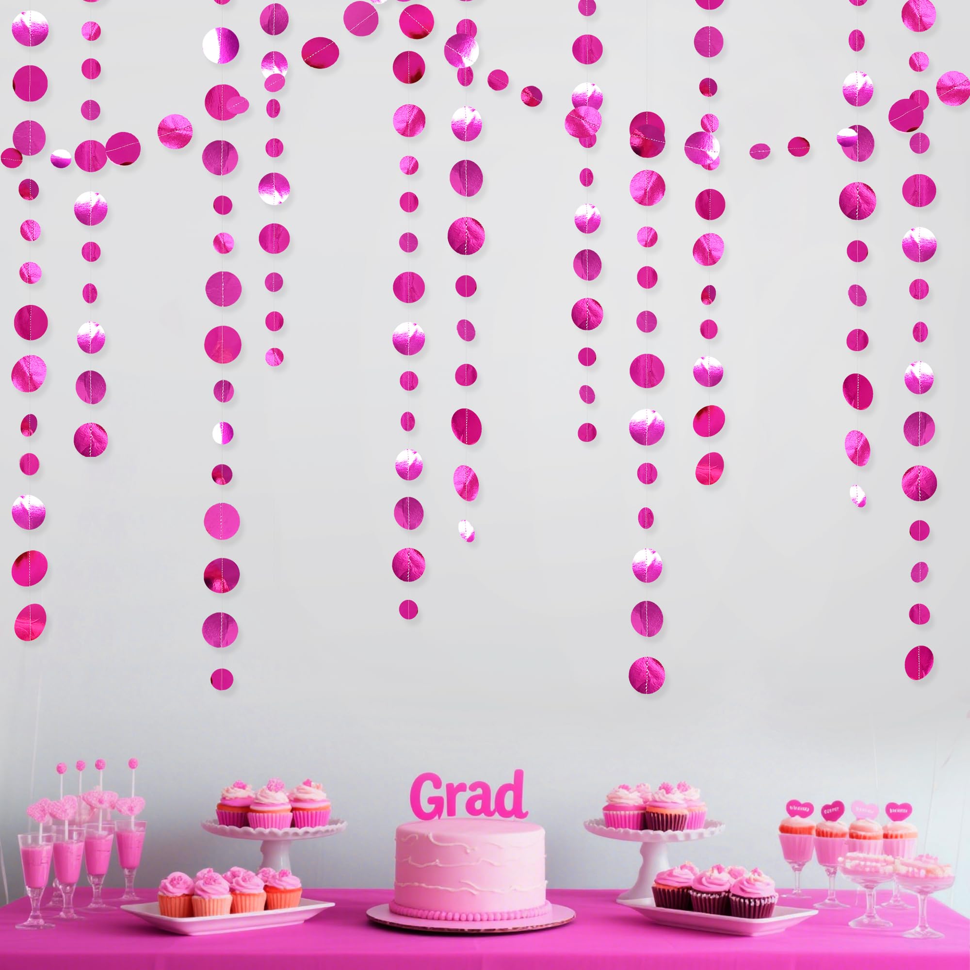 Hot Pink Party Decorations Circle Dots Garland Metallic Rose Pink Hanging Paper Polka Dots Streamer for Bachelorette Birthday Engagement Wedding Bridal Shower Anniversary Party Supplies